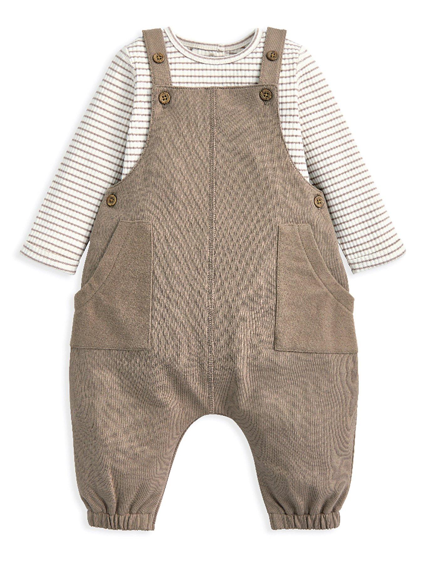 mamas-papas-baby-unisex-2-piece-dungaree-amp-stripe-bodysuit-set-brown