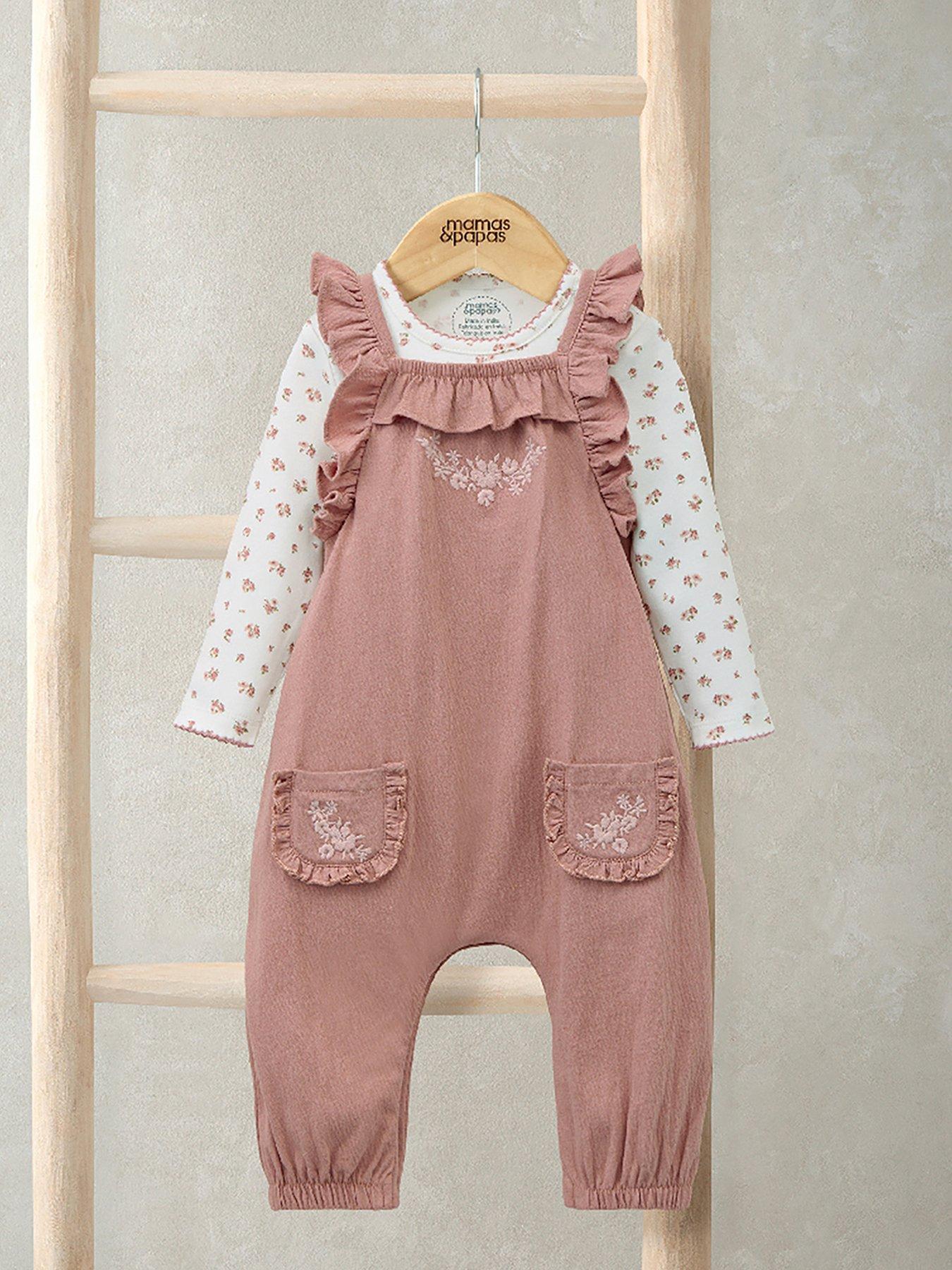 undefined Baby Girls 2 Piece Floral Dungaree & Bodysuit Set - Pink