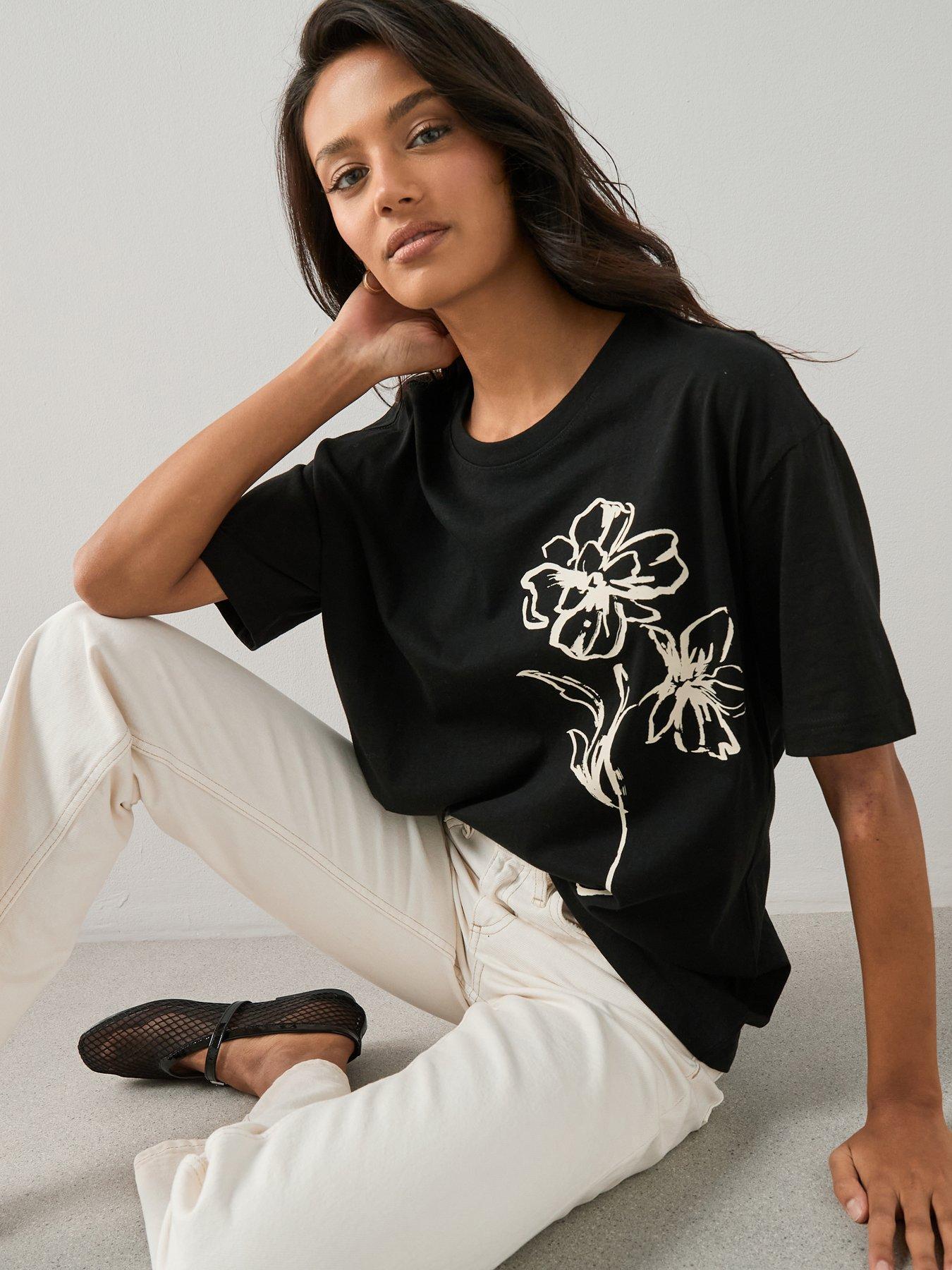 The Very Collection Floral Oversized Graphic T-shirt - Black