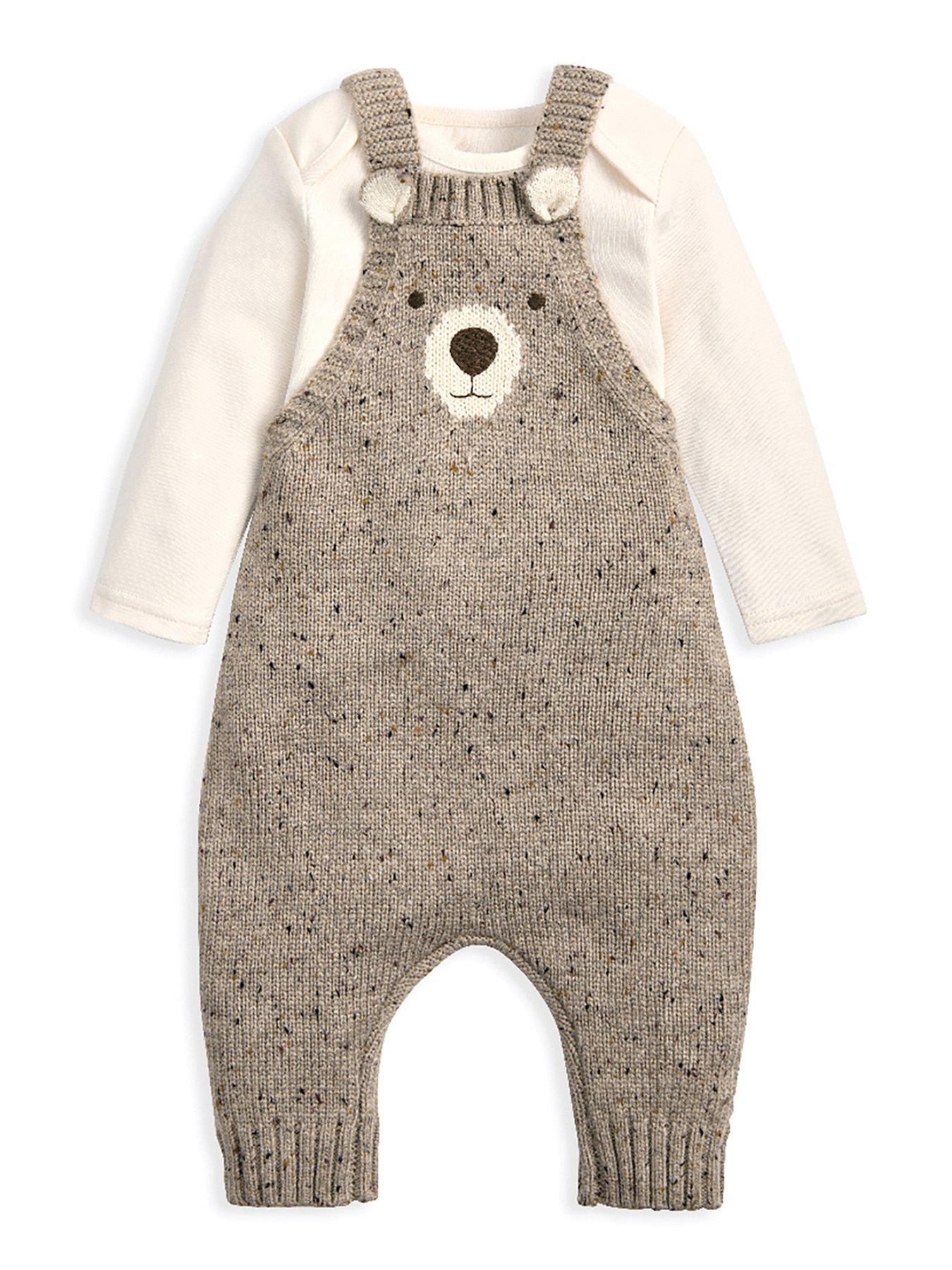 Image 1 of 5 of Mamas & Papas Baby Unisex 2 Piece Knitted Bear Dungarees &amp; Bodysuit Set - Brown