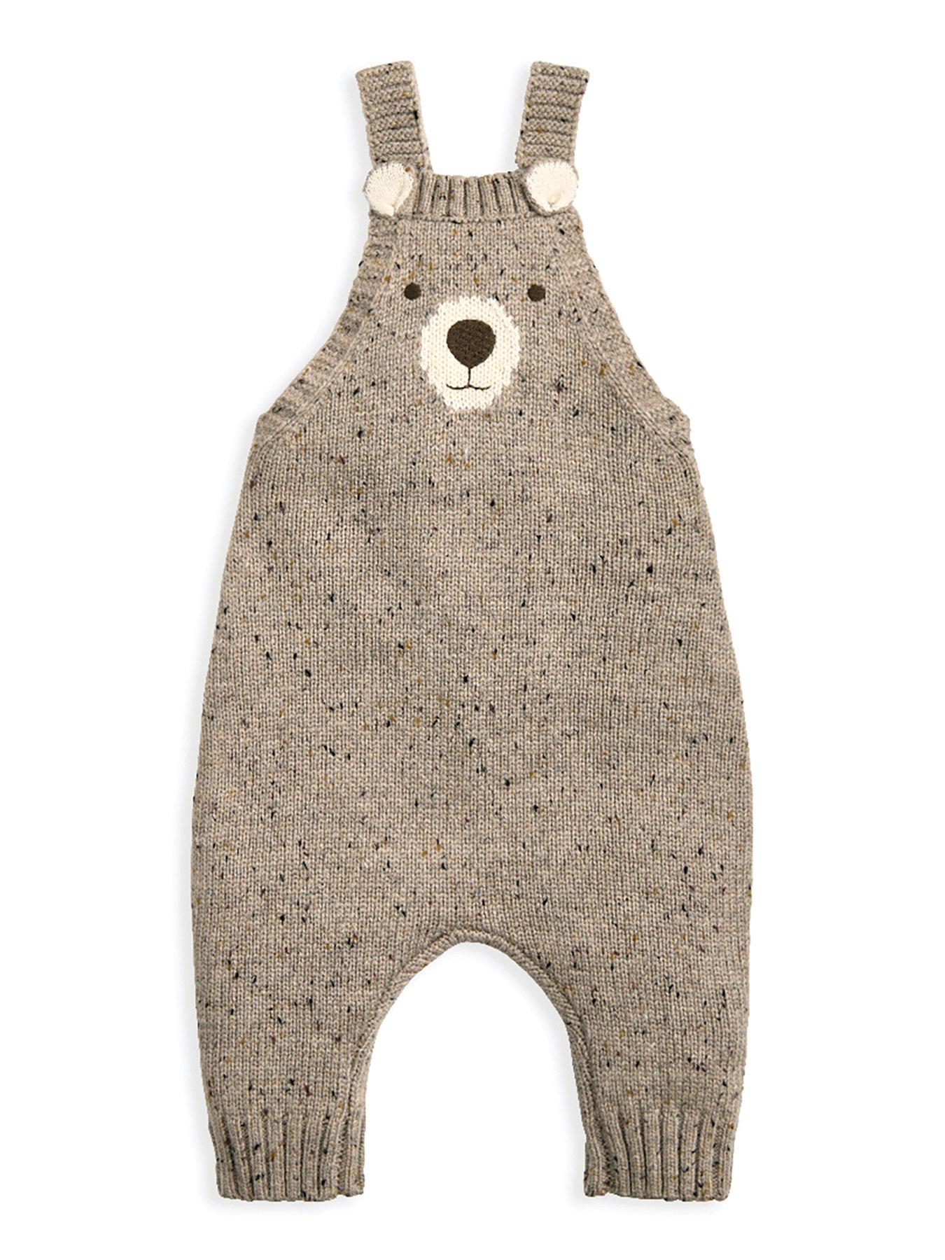 Image 4 of 5 of Mamas & Papas Baby Unisex 2 Piece Knitted Bear Dungarees &amp; Bodysuit Set - Brown