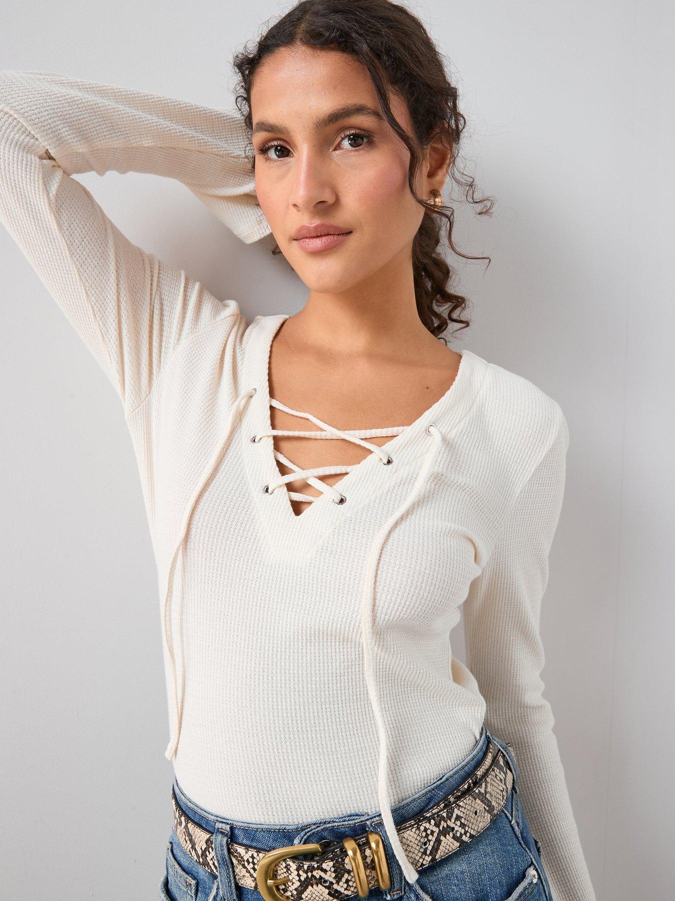 Image 1 of 6 of The Very Collection Tie Front Long Sleeve Top - White