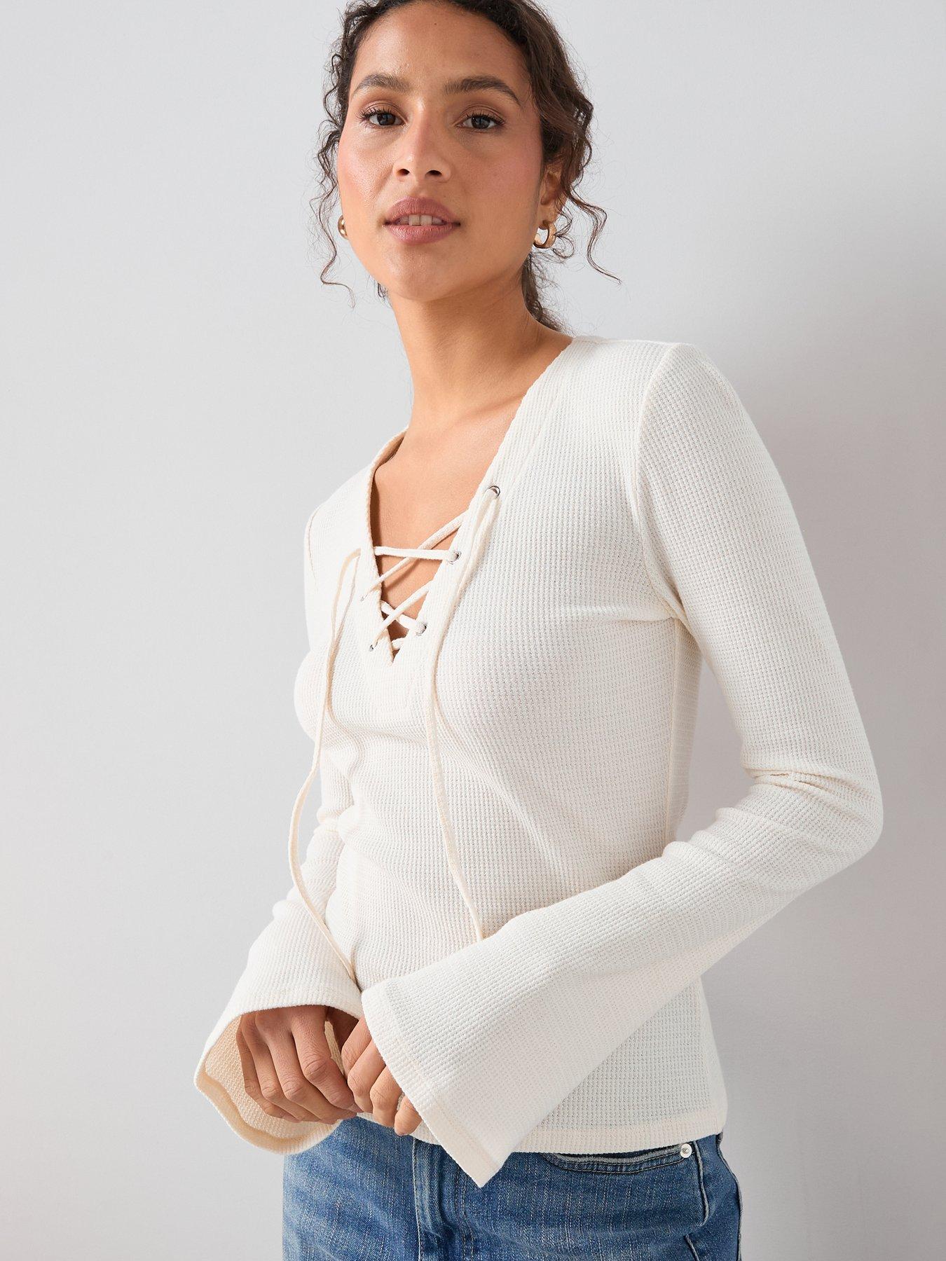 Image 4 of 6 of The Very Collection Tie Front Long Sleeve Top - White