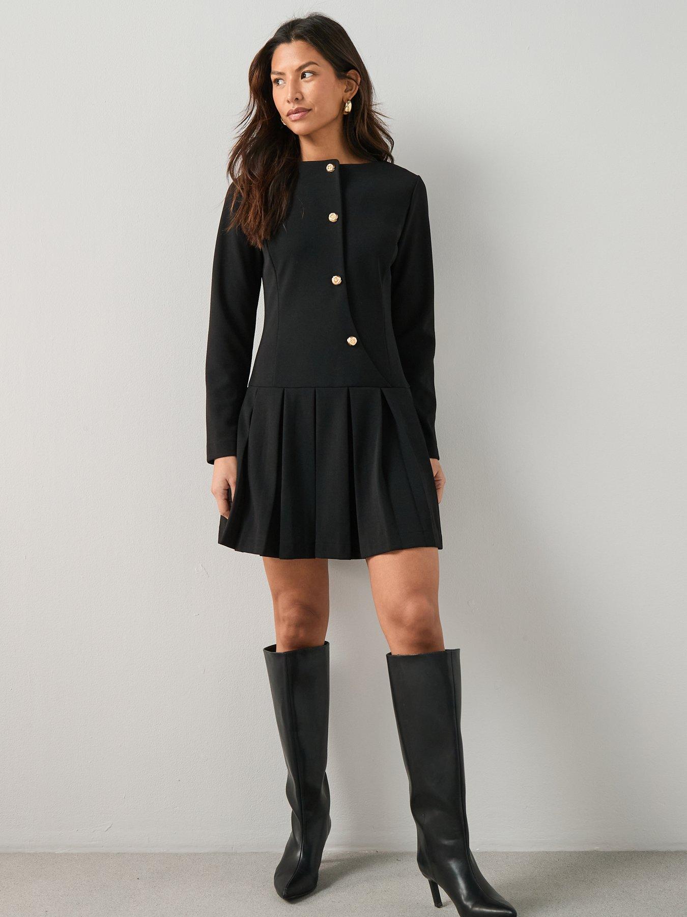 Image 6 of 7 of The Very Collection Long Sleeve Pleated Mini Dress - Black