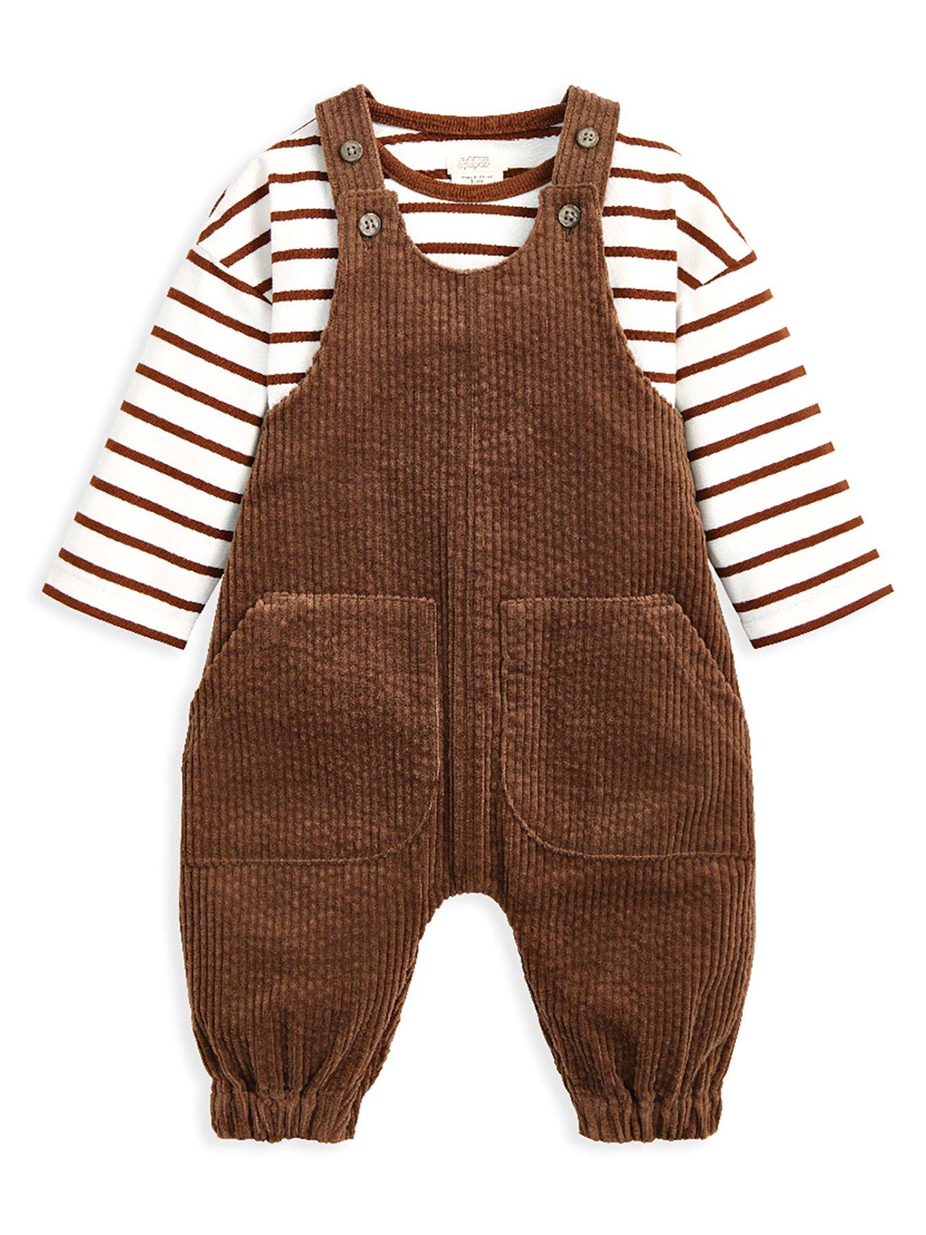 undefined Baby Boys 2 Piece Cord Dungaree & Stripe Tshirt Set - Brown