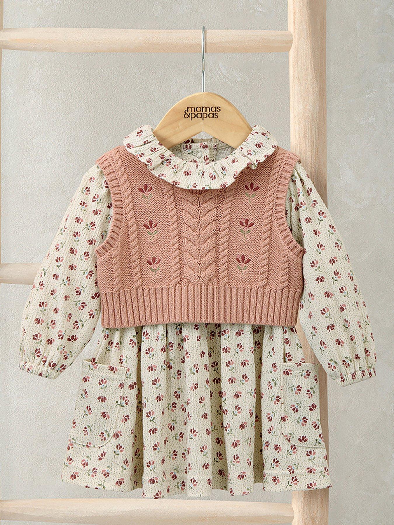 undefined Baby Girls 2 Piece Floral Frill Collar Dress & Embroidered Vest Set - Pink