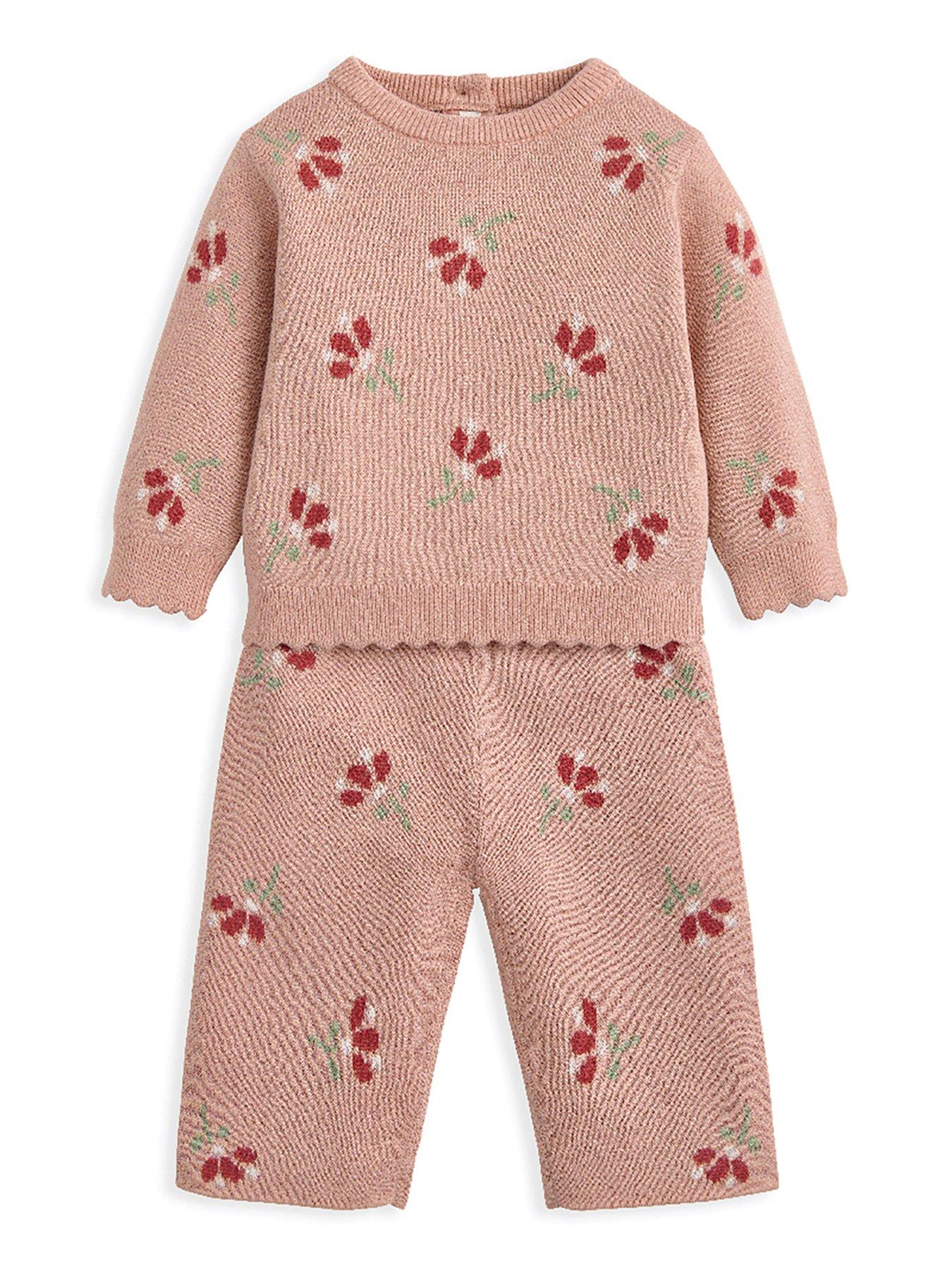 Image 2 of 4 of Mamas & Papas Baby Girls 2 Piece Jacquard Floral Knitted Top & Bottoms Set - Pink