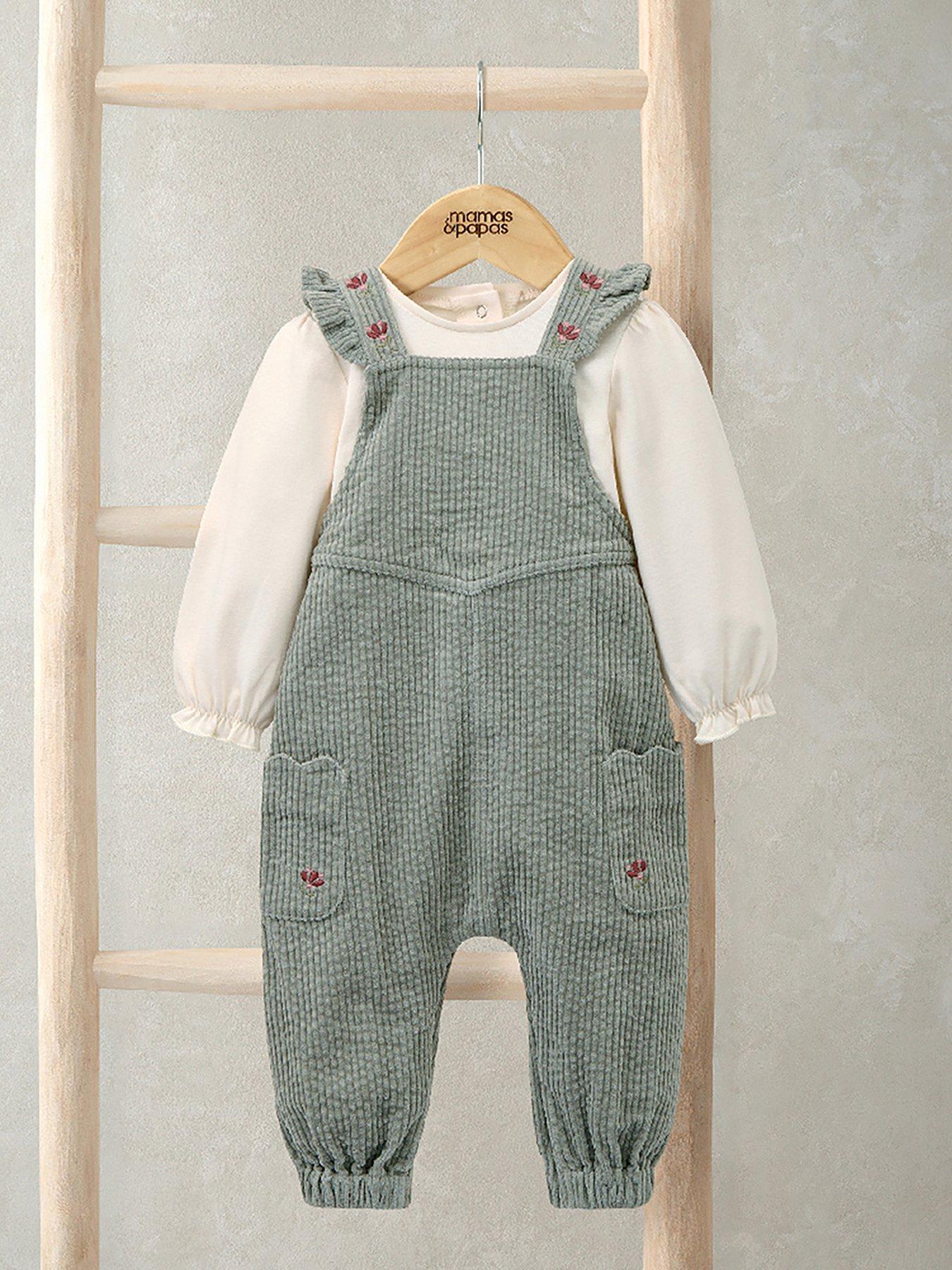 Image 1 of 5 of Mamas & Papas Baby Girls 2 Piece Embroidered Cord Dungaree & Bodysuit Set - Green