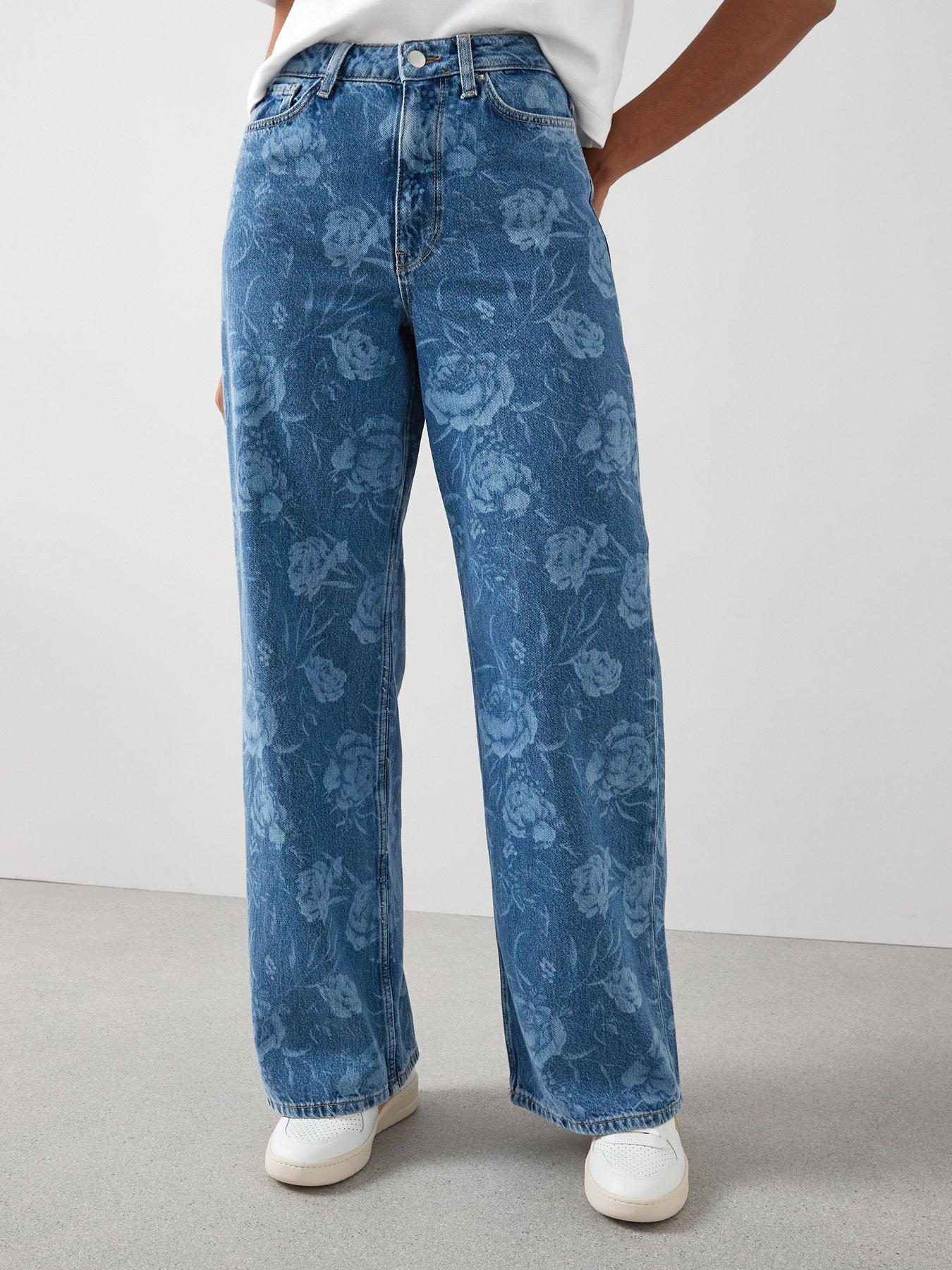  image of the-very-collection-floral-print-wide-leg-jeans-mid-wash