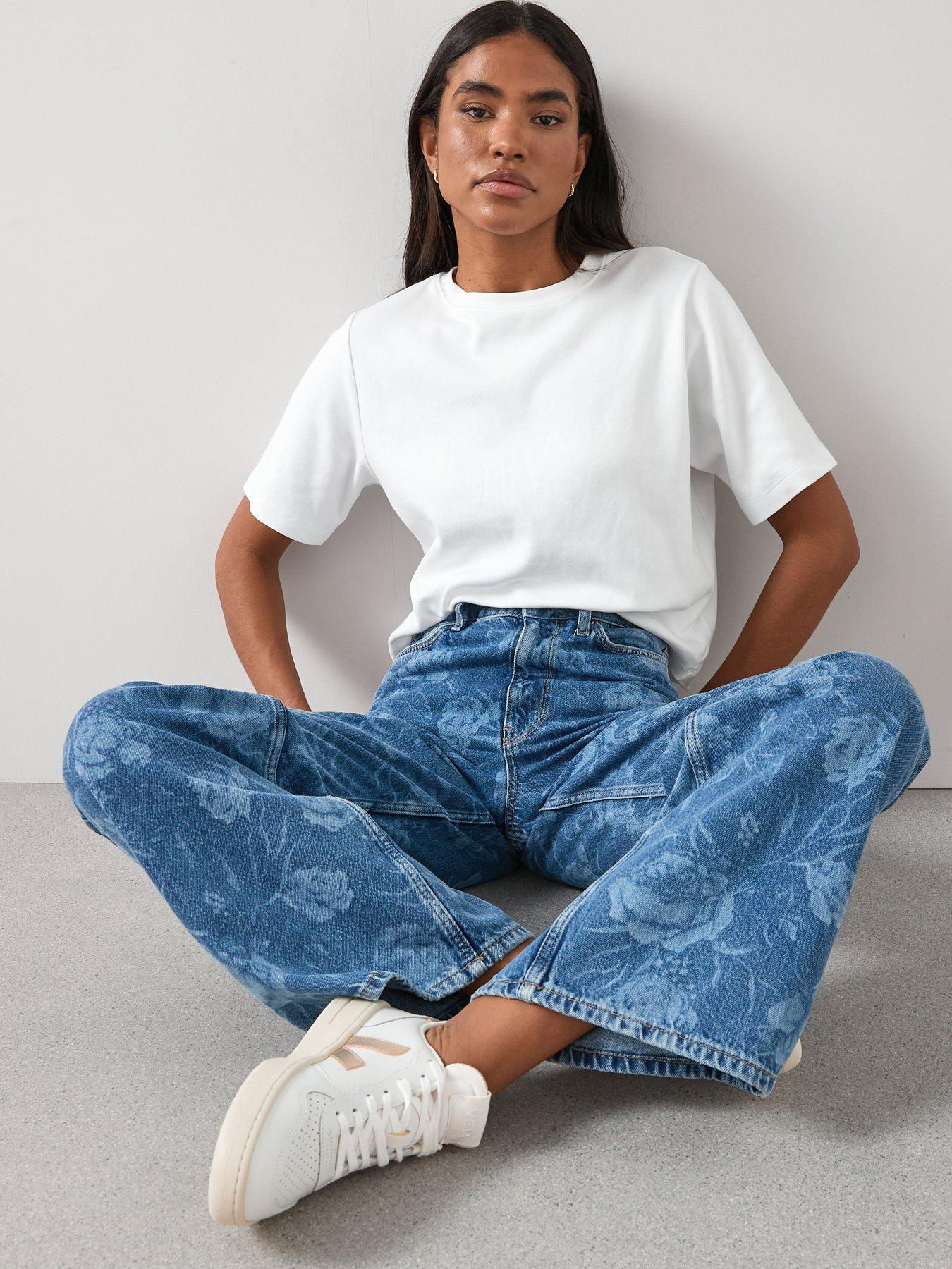  image of the-very-collection-floral-print-wide-leg-jeans-mid-wash