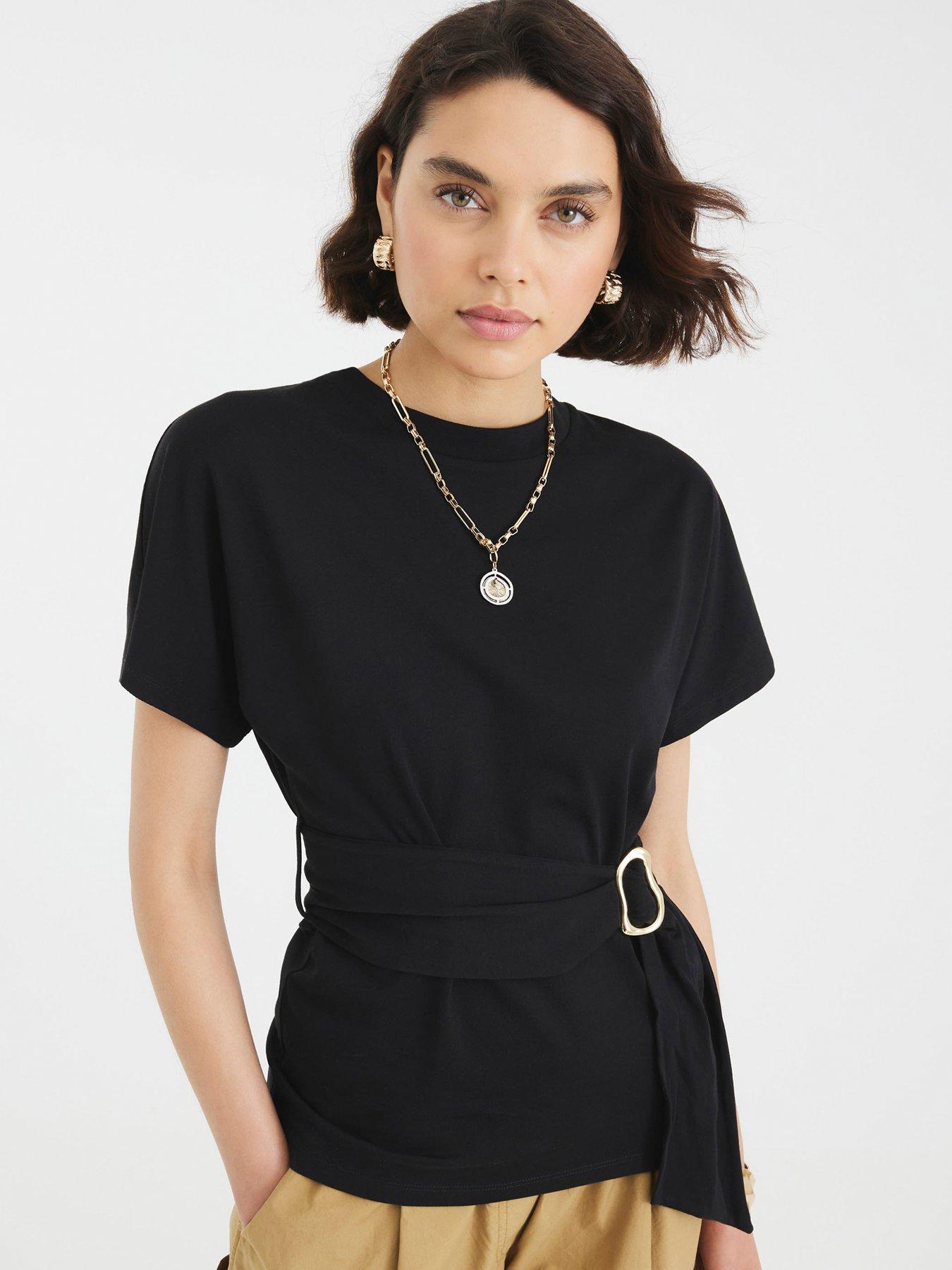 Image 1 of 4 of River Island Short Sleeve Belted T-shirt - Black
