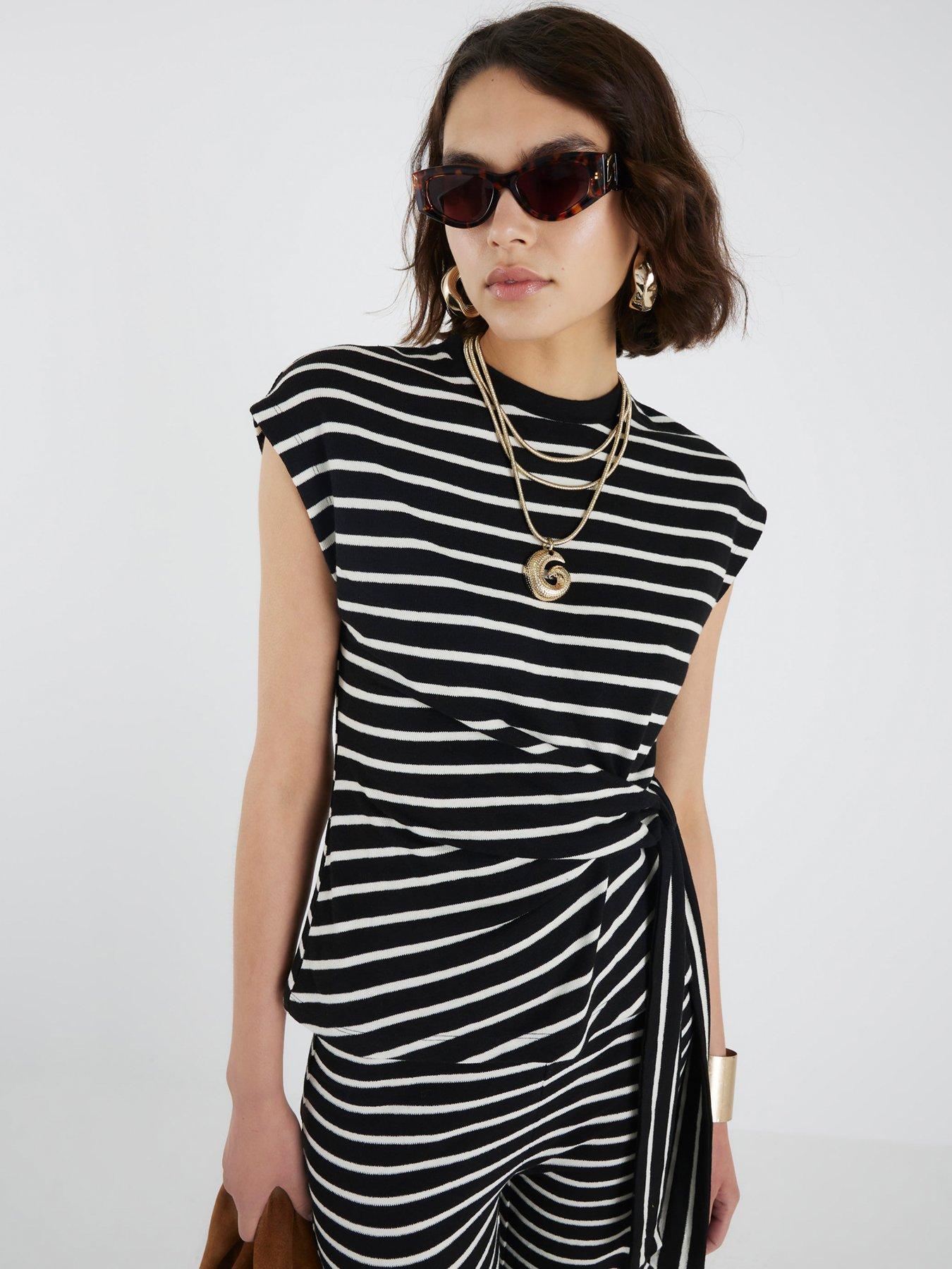 Image 1 of 4 of River Island Short Sleeve Stripe Knot Side T-Shirt - Black