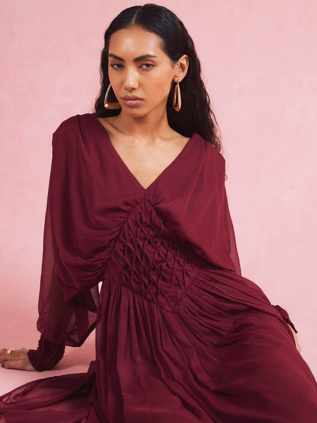 Image 2 of 4 of River Island Long Sleeve Smocked Maxi Dress - Red