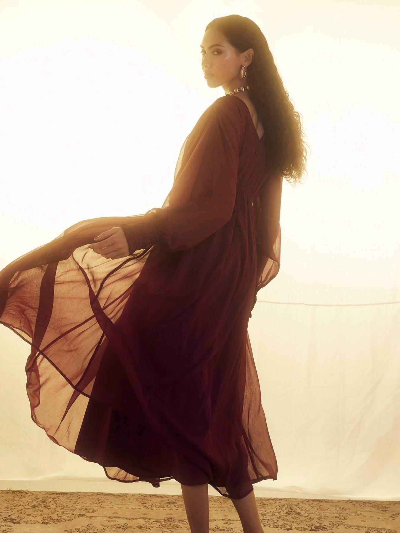 Image 3 of 4 of River Island Long Sleeve Smocked Maxi Dress - Red