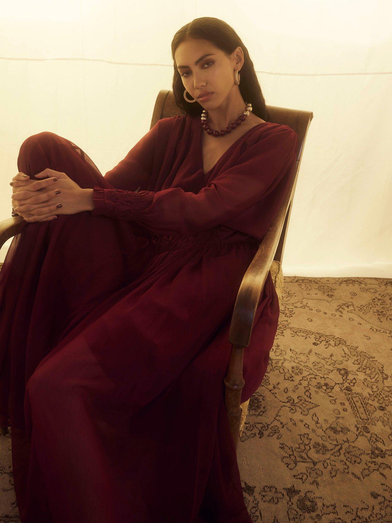 Image 4 of 4 of River Island Long Sleeve Smocked Maxi Dress - Red