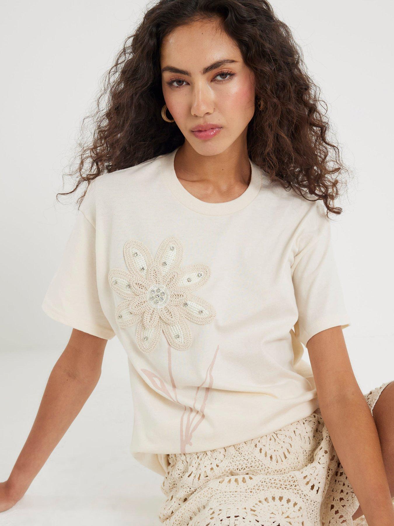 Image 1 of 3 of River Island Short Sleeve Crochet Diamante Trim T-Shirt - White