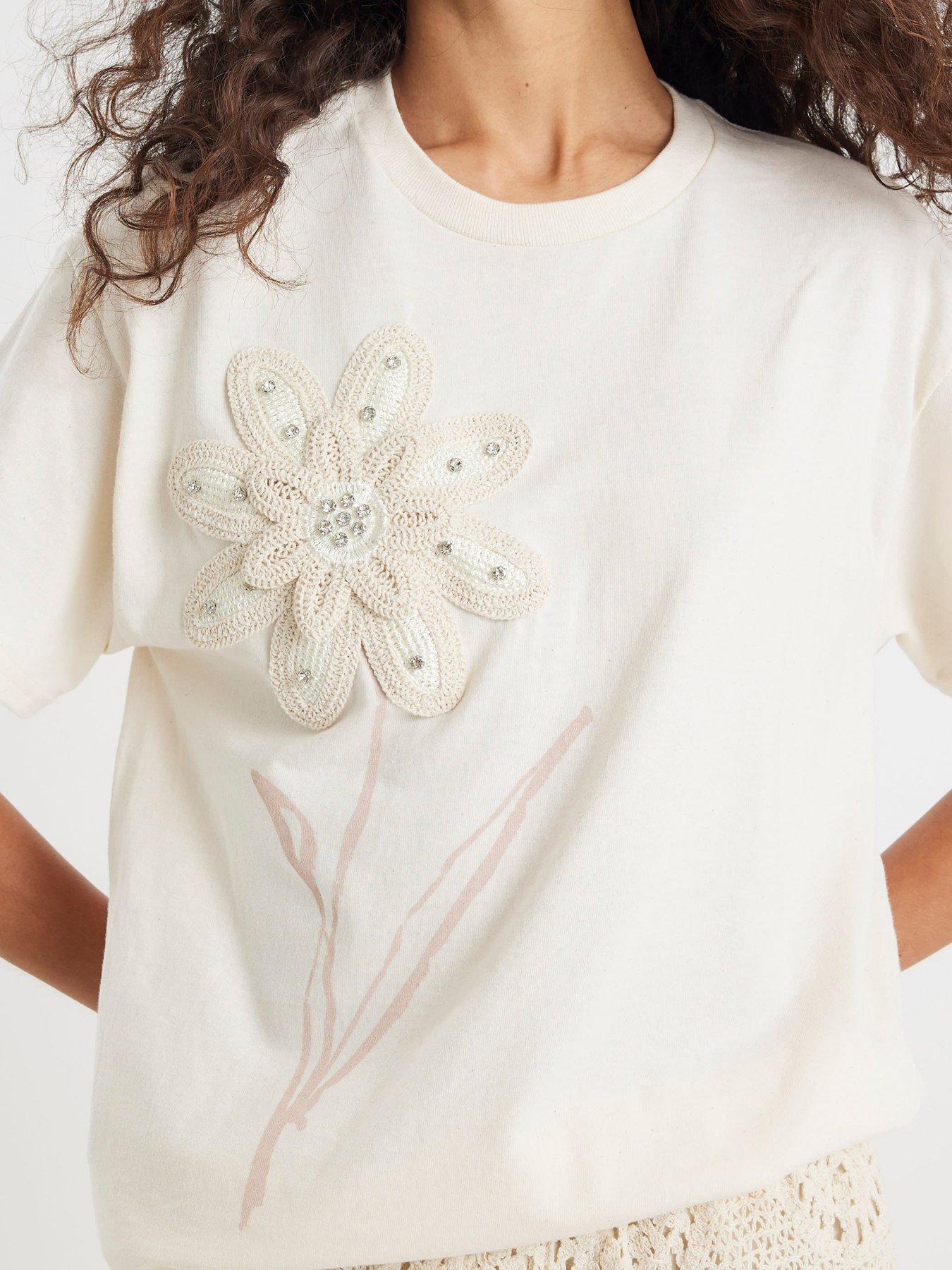 Image 3 of 3 of River Island Short Sleeve Crochet Diamante Trim T-Shirt - White