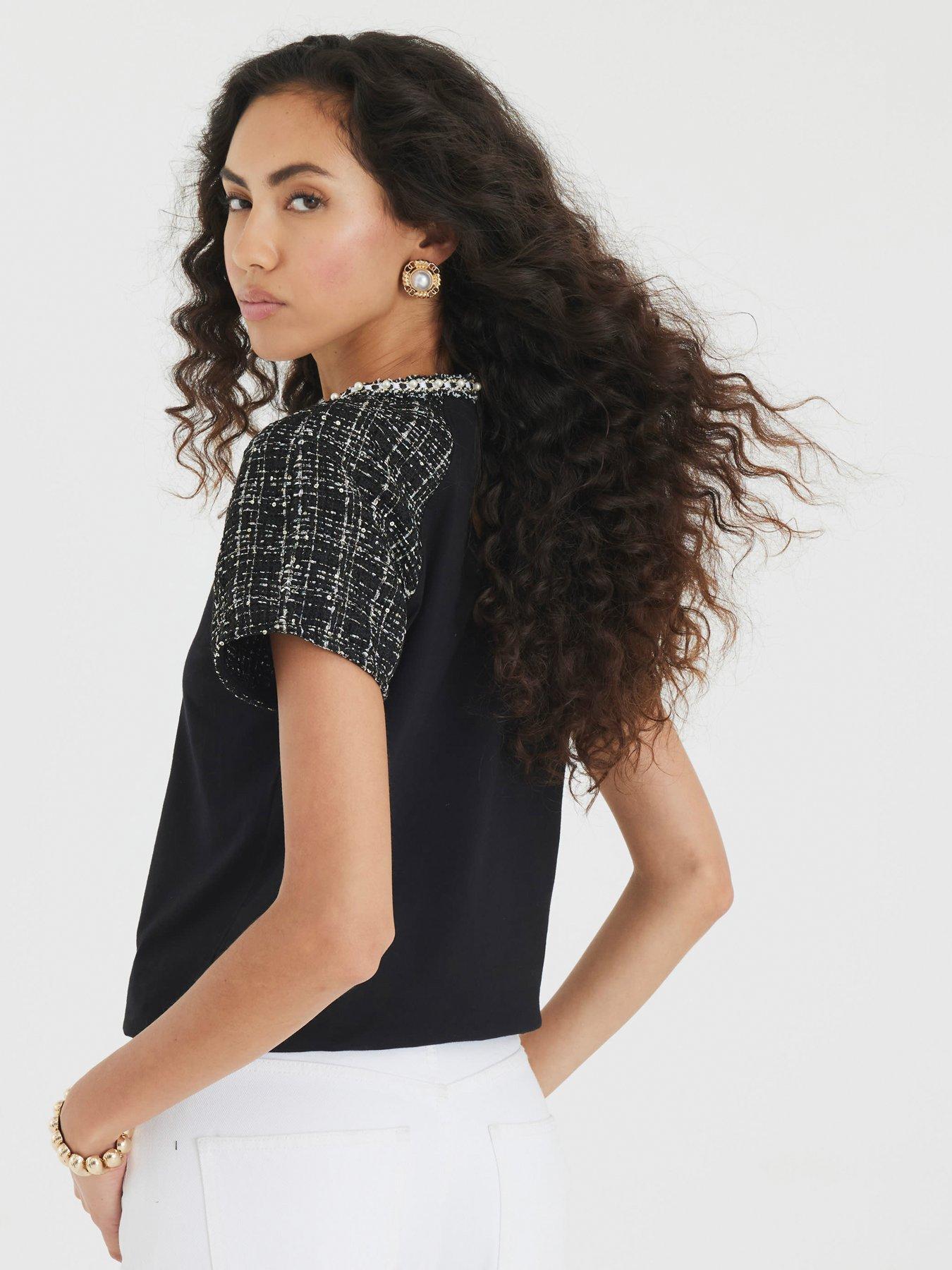 Image 2 of 4 of River Island Short Sleeve Boucle Boutique T-Shirt - Black