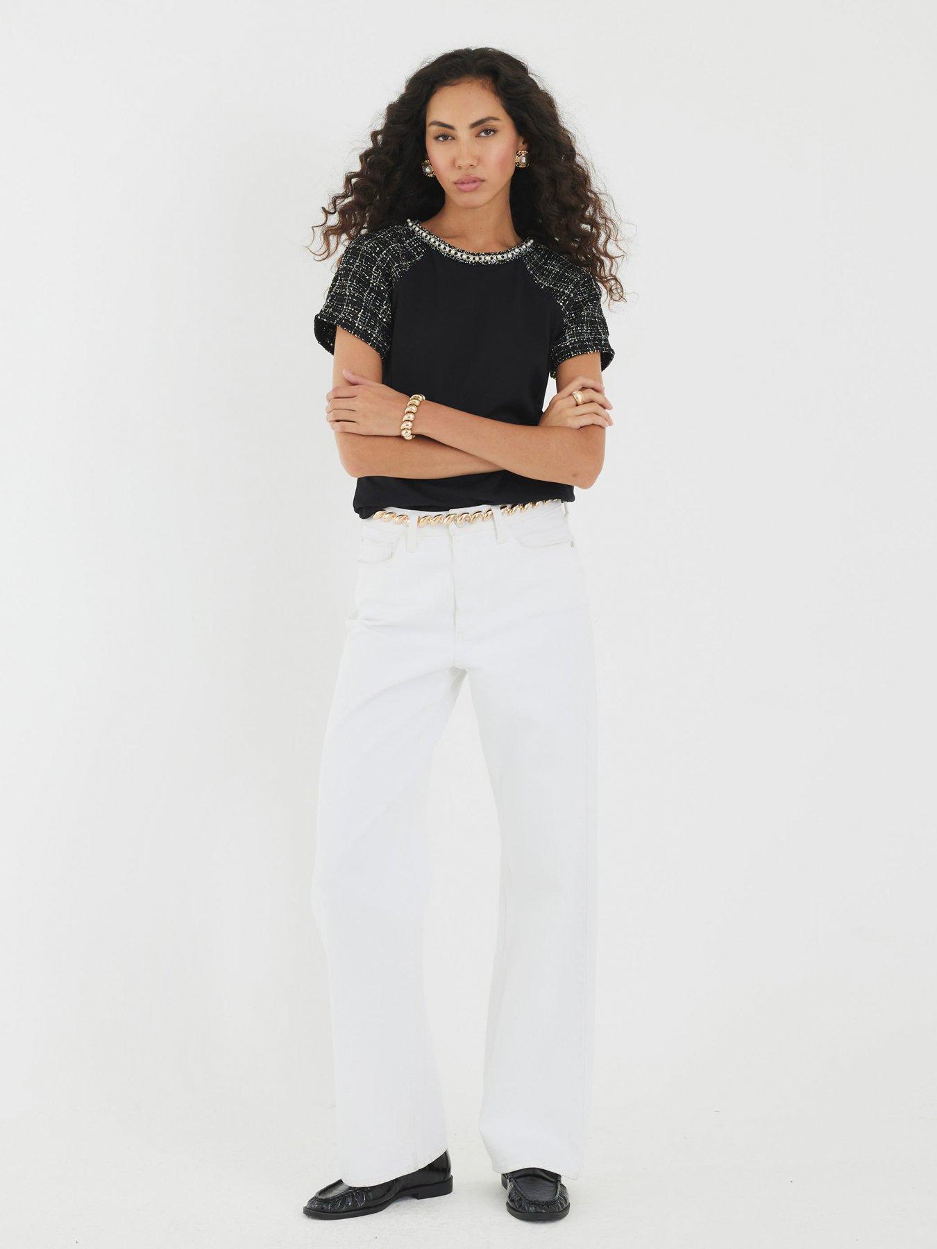 Image 3 of 4 of River Island Short Sleeve Boucle Boutique T-Shirt - Black