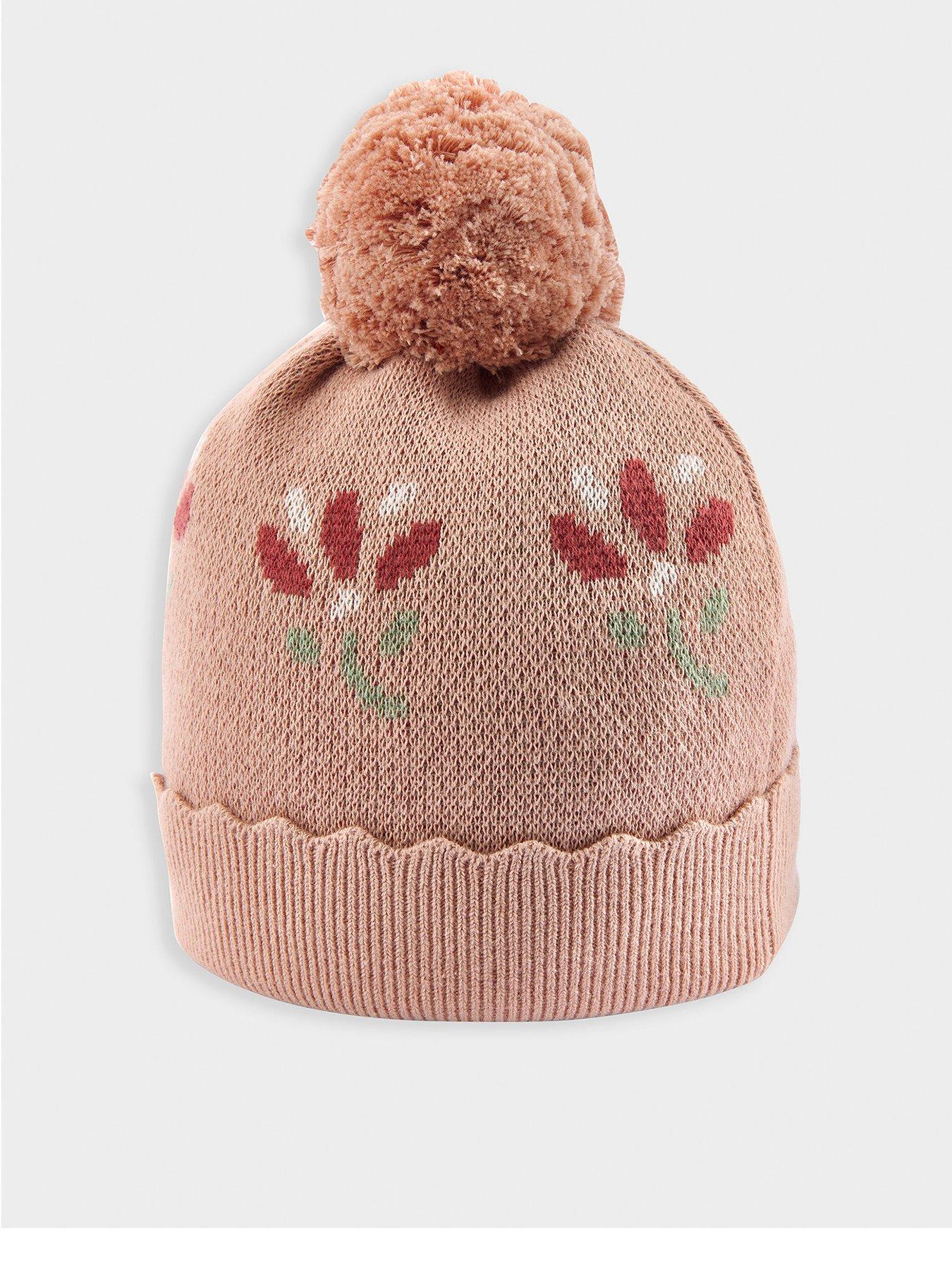 Image 1 of 2 of Mamas & Papas Baby Girls Floral Knitted Pom Pom Beanie Hat - Pink