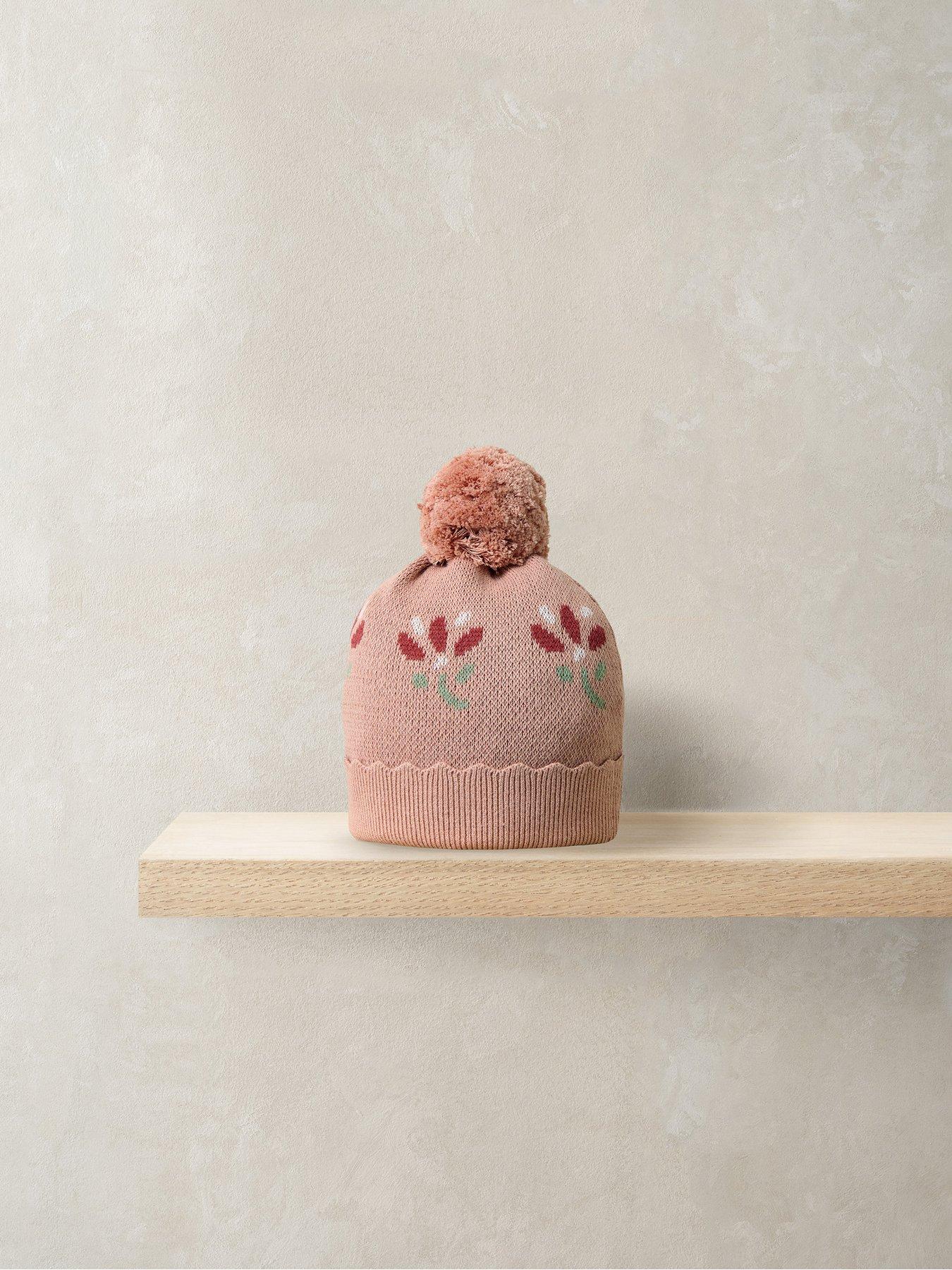 Image 2 of 2 of Mamas & Papas Baby Girls Floral Knitted Pom Pom Beanie Hat - Pink