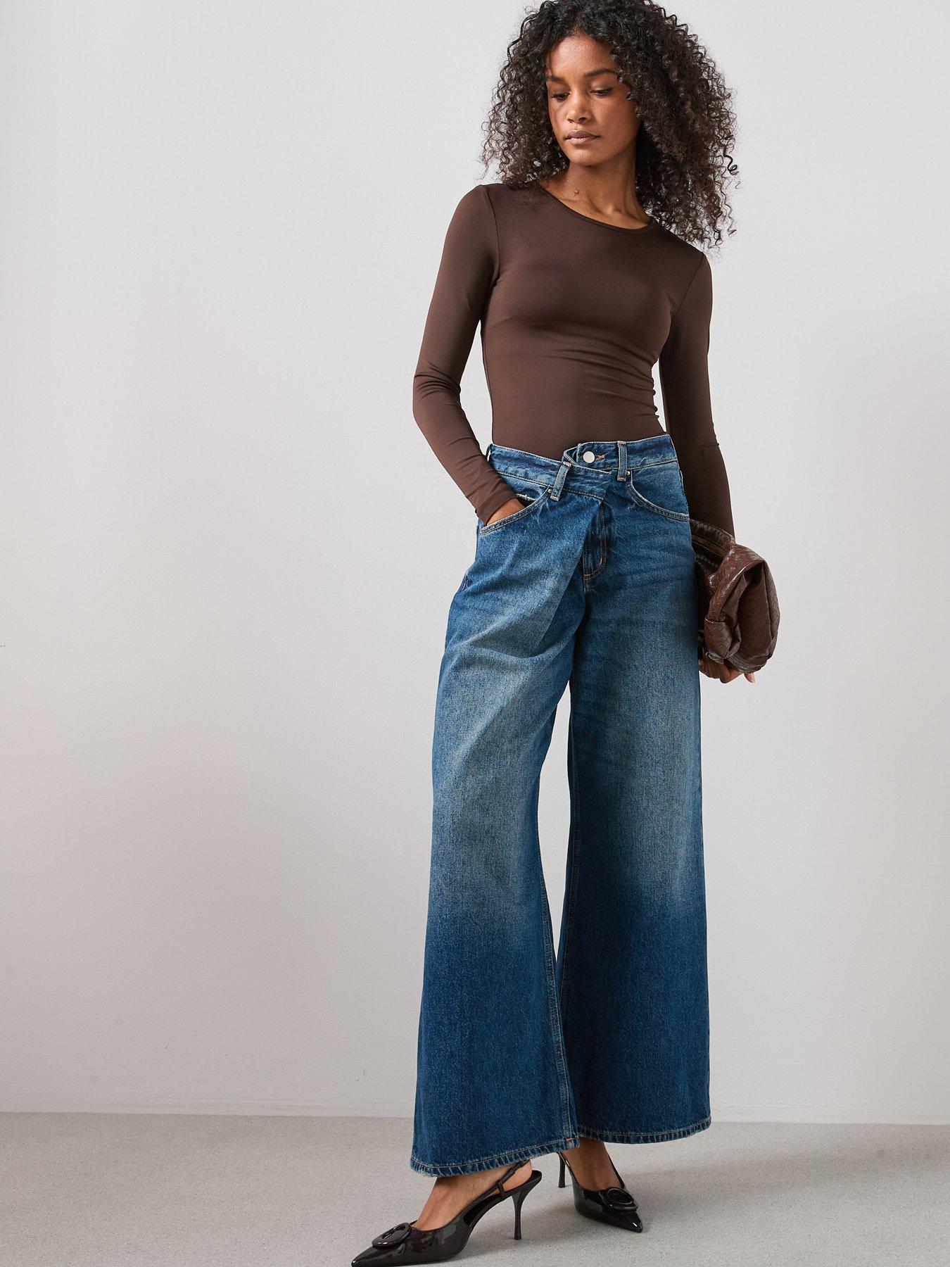  image of the-very-collection-drape-wrap-wide-leg-jeans-dark-wash