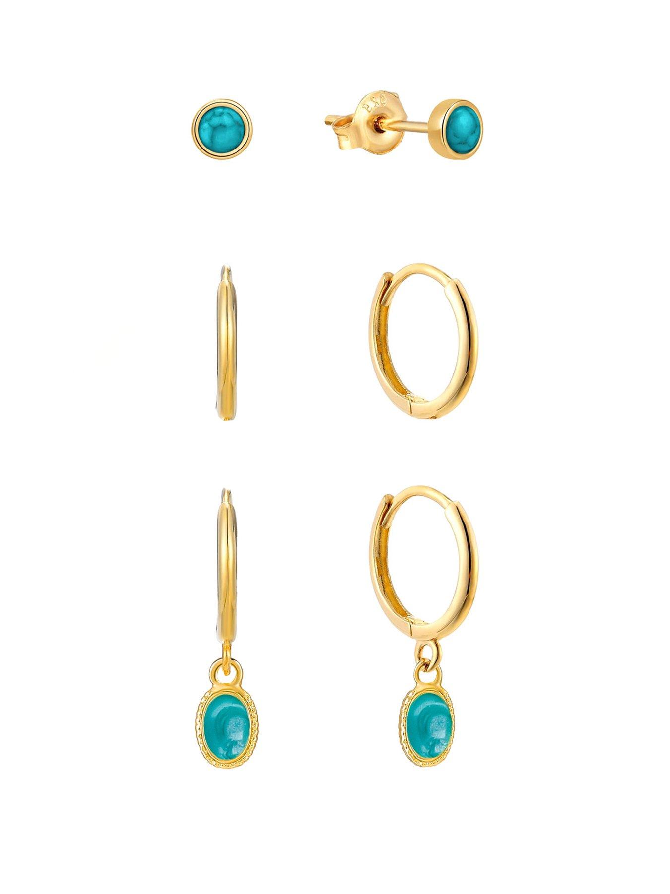 undefined Gold Plated Sterling Silver Turquoise Dropper Hoops and Stud Set of 3