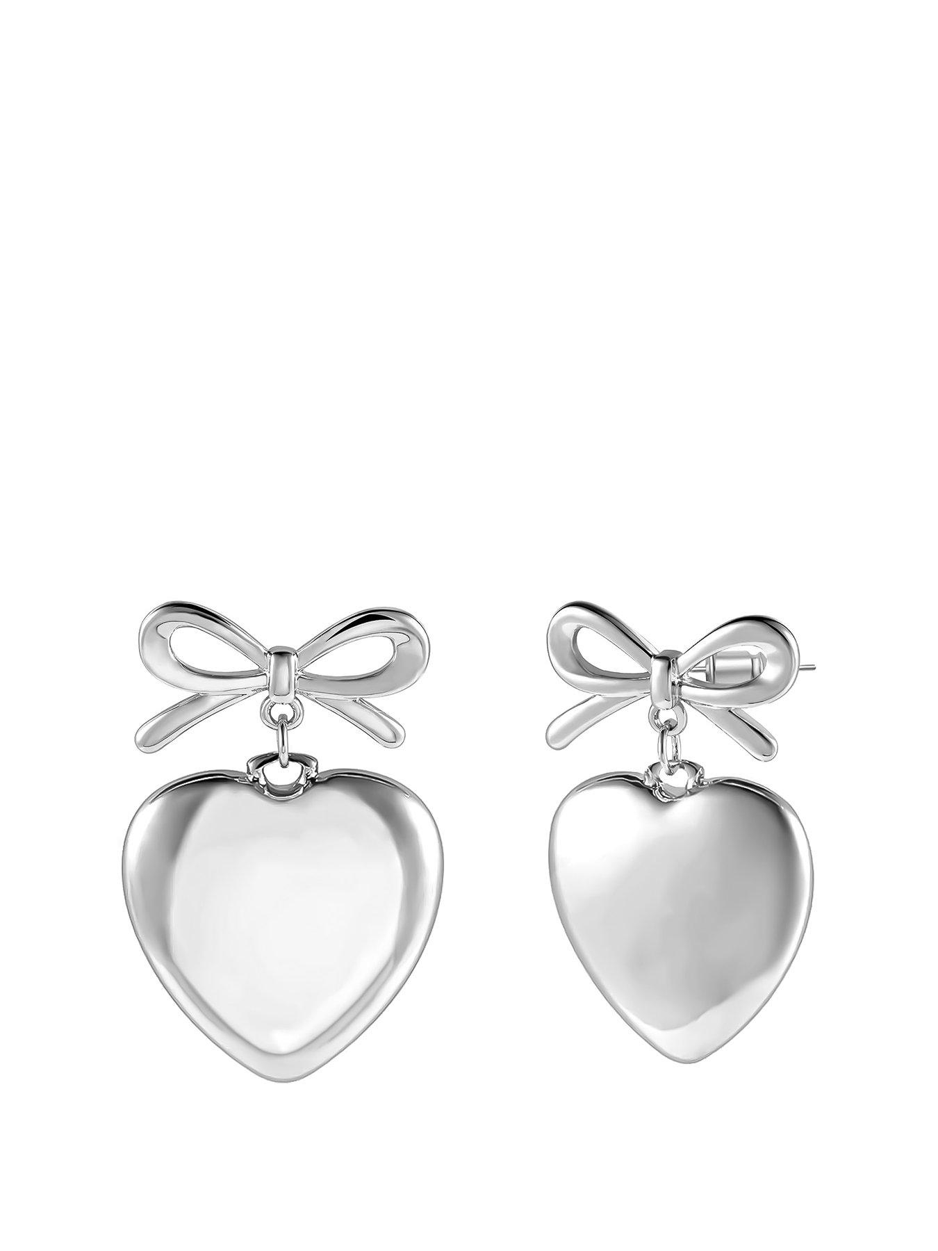 Image 1 of 3 of The Love Collection Silver Dome Heart And Bow Dropper Earrings