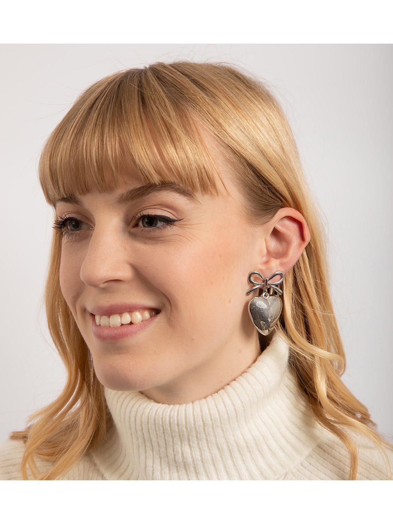 Image 2 of 3 of The Love Collection Silver Dome Heart And Bow Dropper Earrings