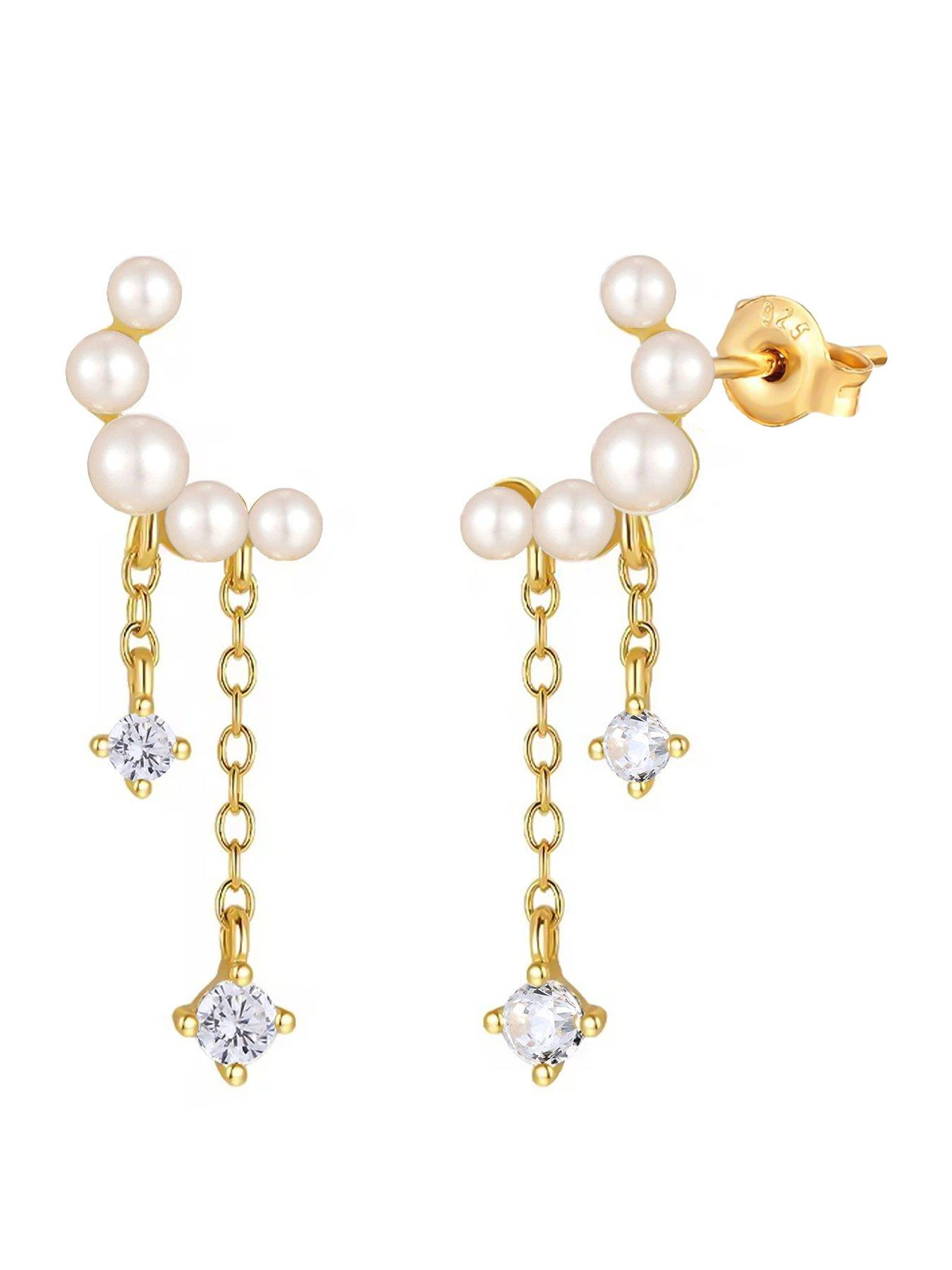 undefined Gold Plated Sterling Silver Celestial Pearl CZ Dropper Earrings