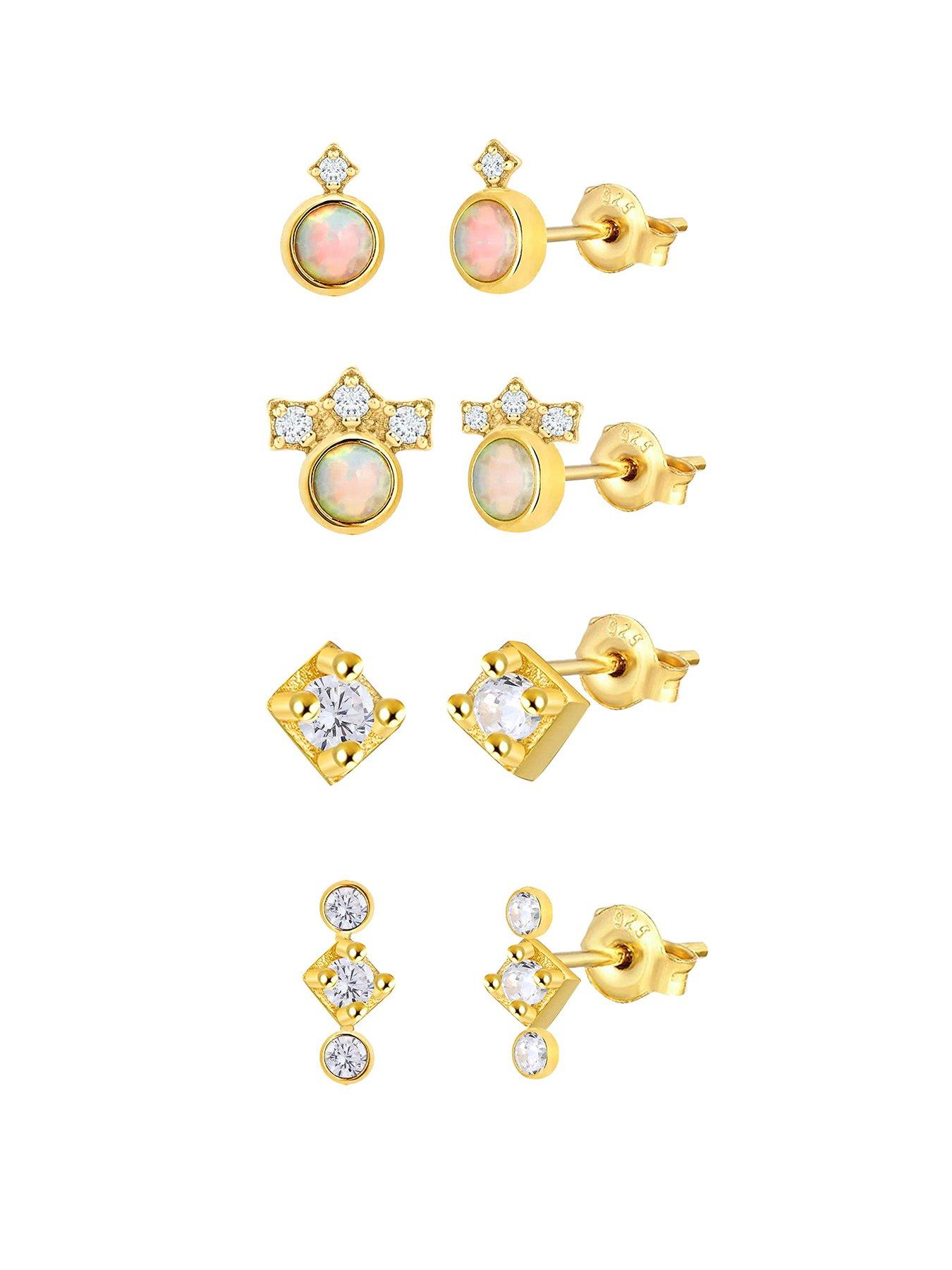 undefined Gold Plated Sterling Silver Set of Four Pairs of Opal CZ  Stud Earrings