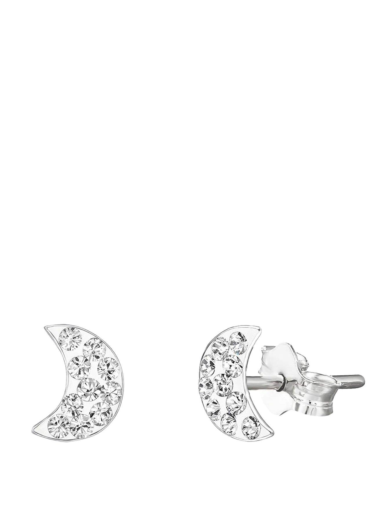 The Love Collection Sterling Silver Tiny Moon Crystal Studs