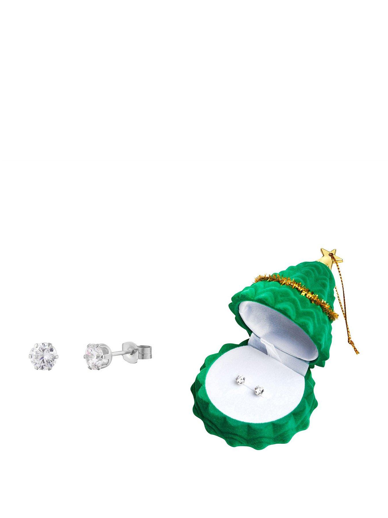 undefined Sterling Silver 4mm Cubic Zirconia Studs With Christmas Tree Gift Box