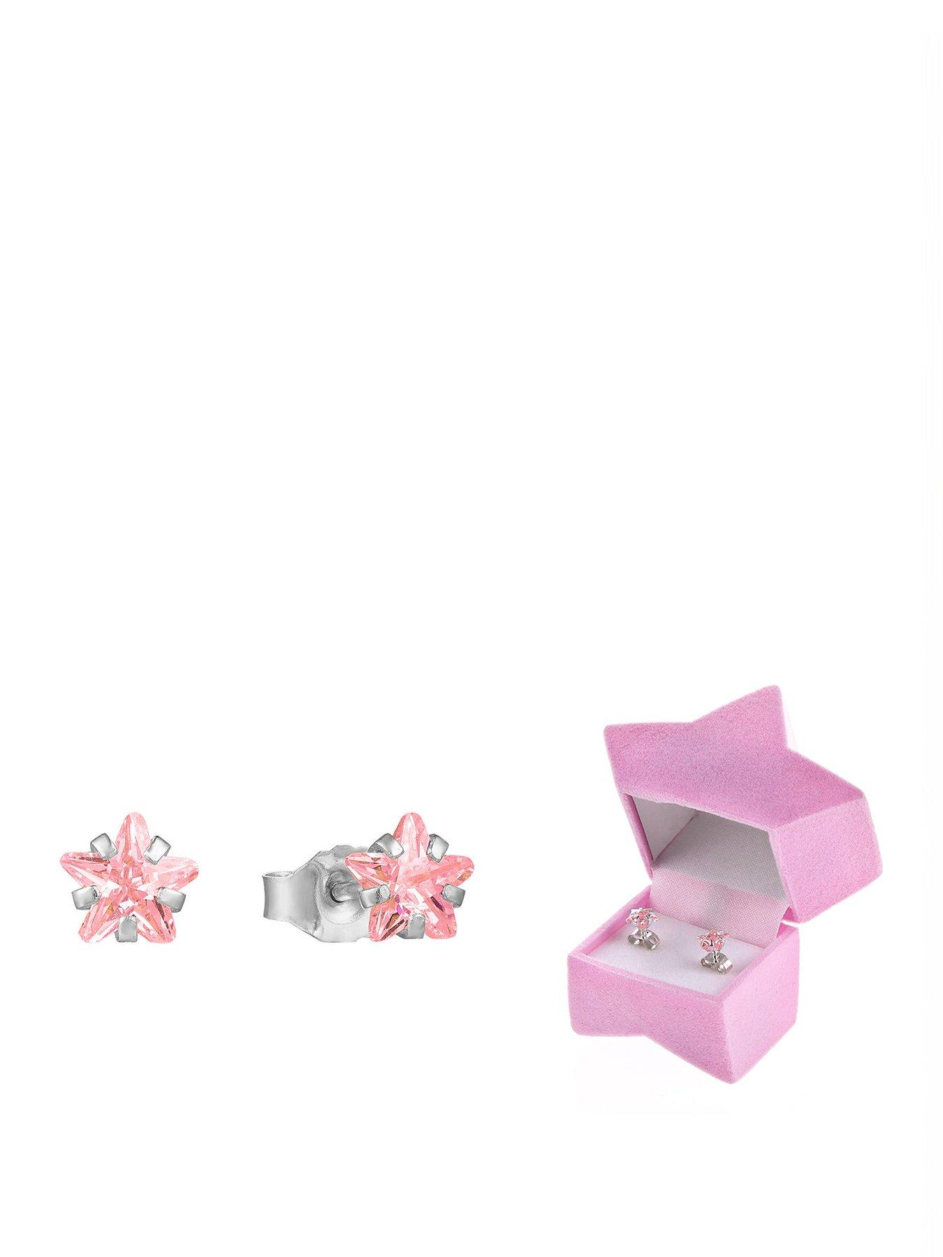 undefined Sterling Silver Small Pink CZ Stars Stud Earrings with Novelty Gift Box