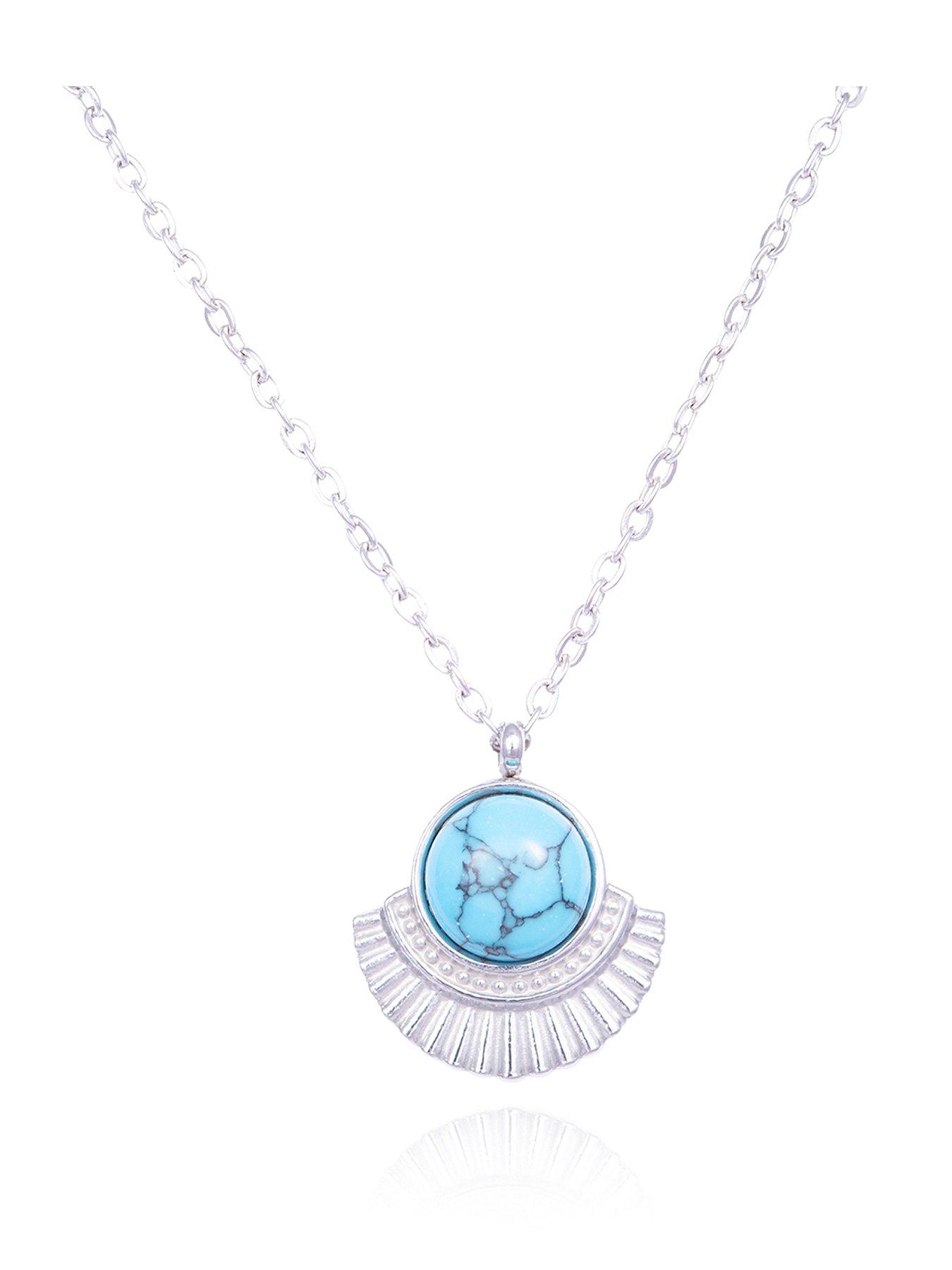 undefined Stainless Steel Boho Turquoise Fan Pendant Necklace