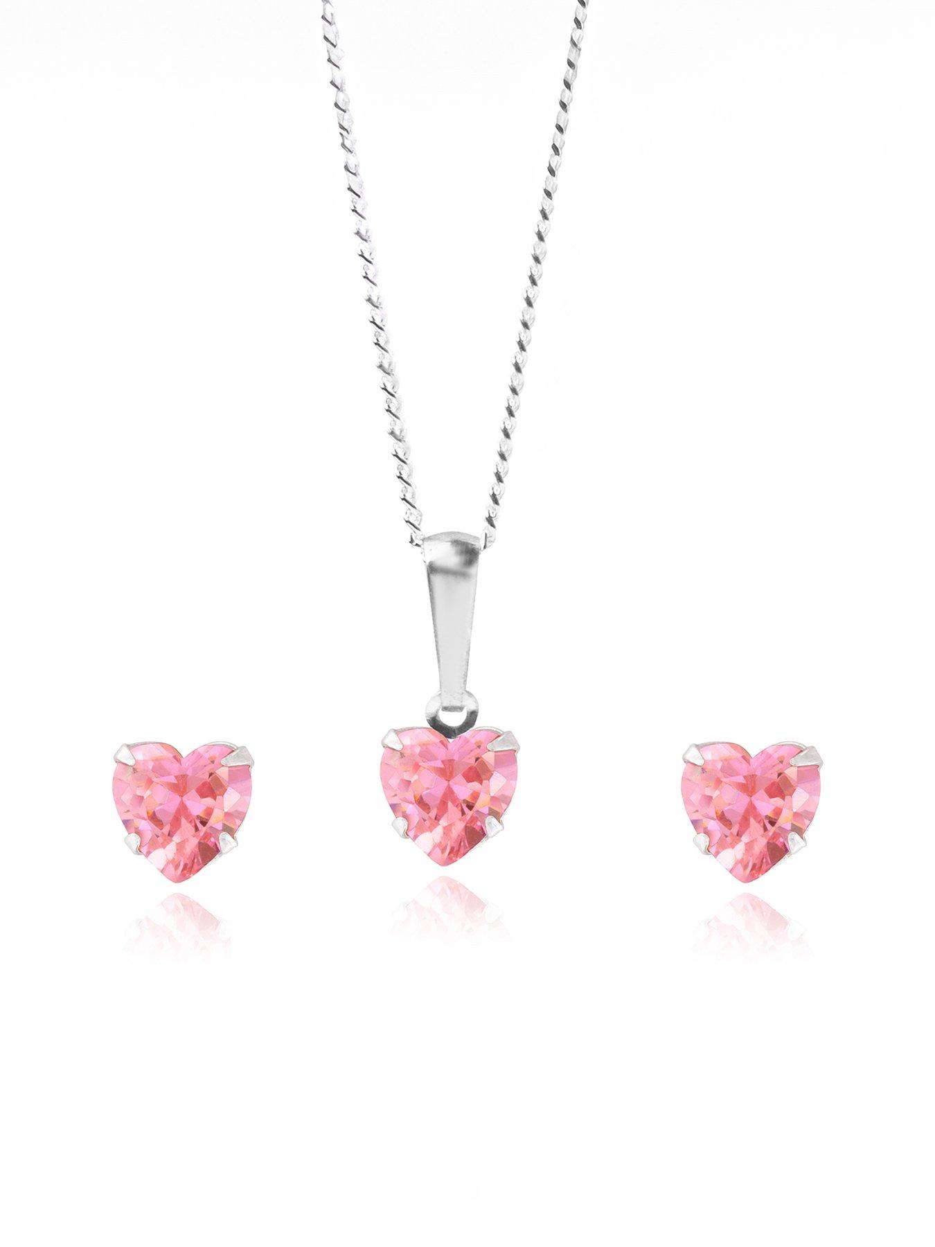 undefined Pink CZ heart stud earring and pendant set