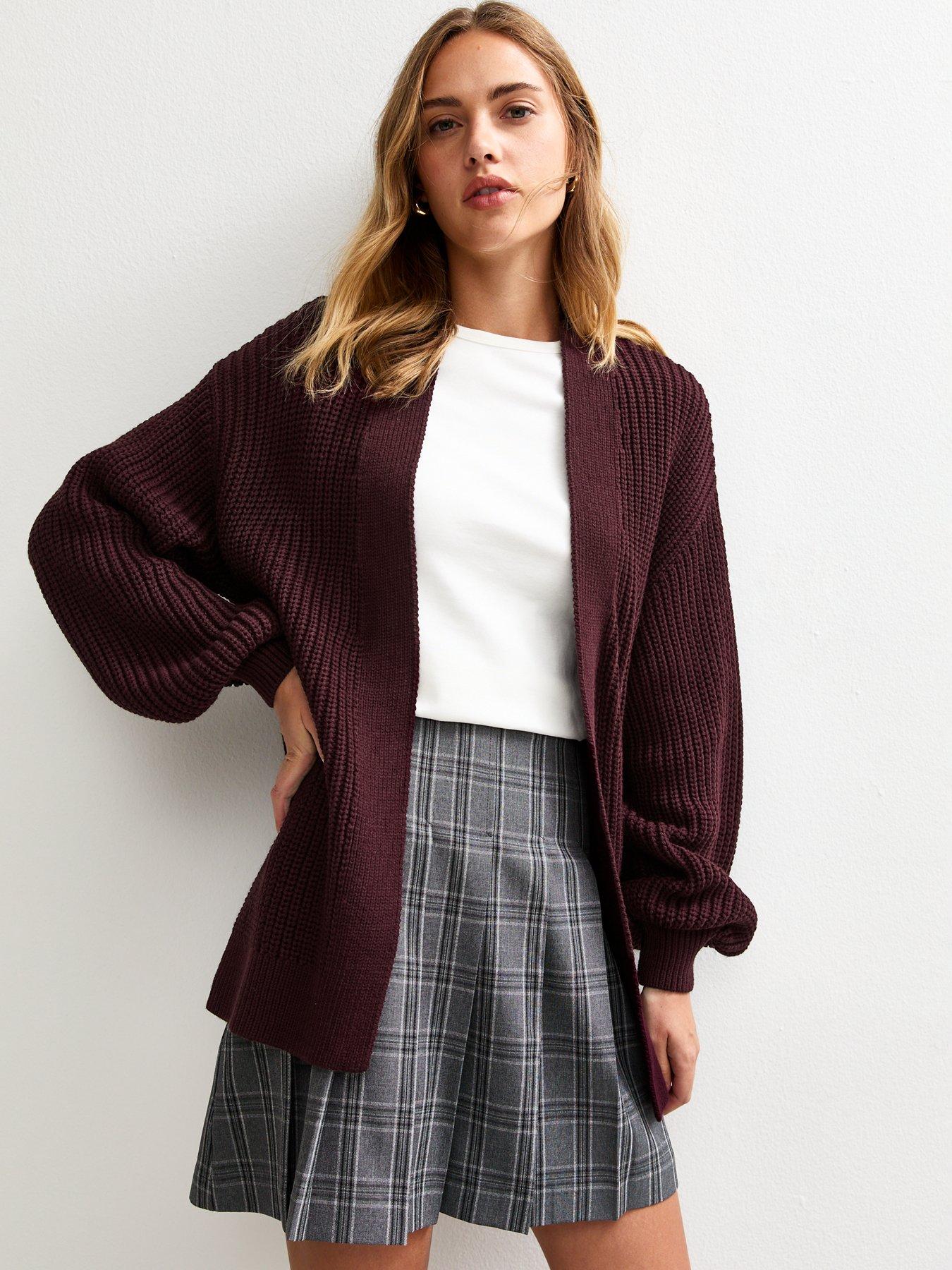 Image 1 of 5 of New Look Burgundy Stitch Knit Balloon Sleeve Cardigan - Red