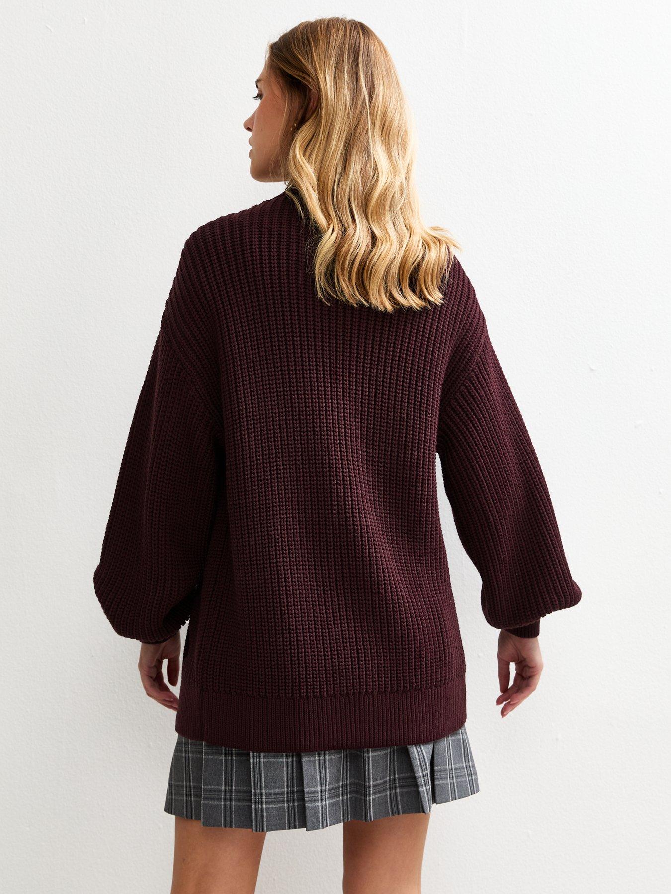Image 2 of 5 of New Look Burgundy Stitch Knit Balloon Sleeve Cardigan - Red