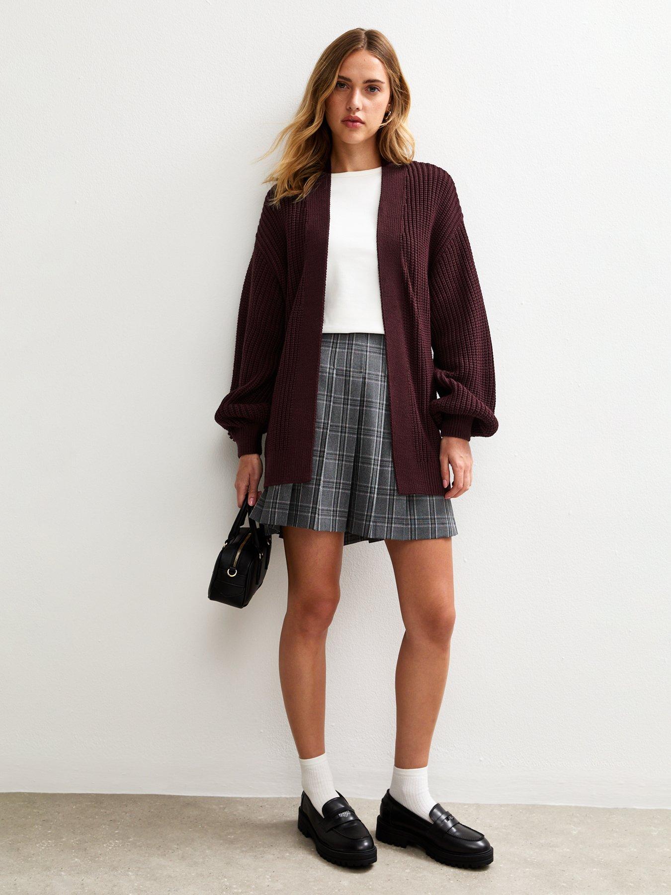 Image 3 of 5 of New Look Burgundy Stitch Knit Balloon Sleeve Cardigan - Red