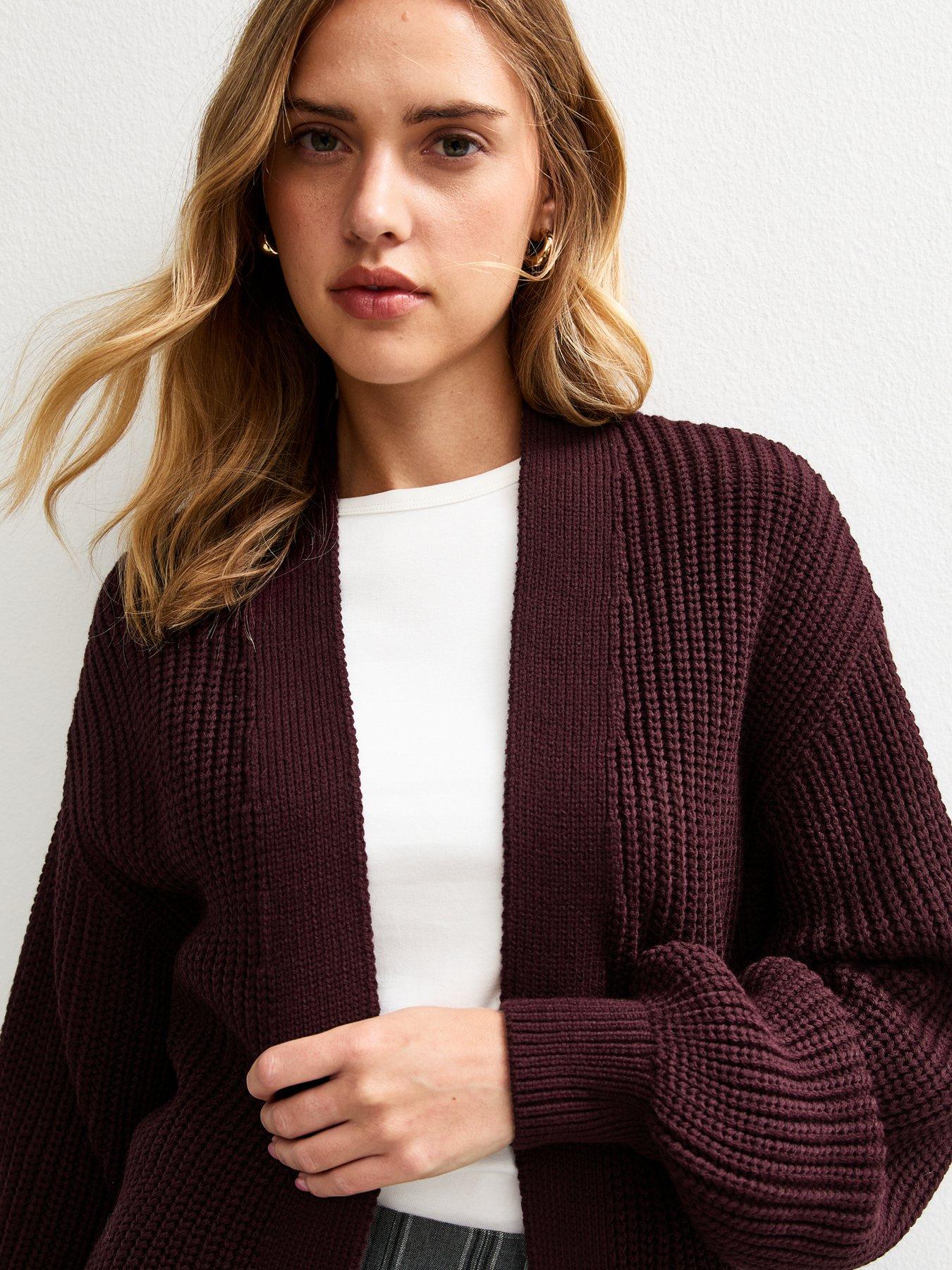 Image 4 of 5 of New Look Burgundy Stitch Knit Balloon Sleeve Cardigan - Red