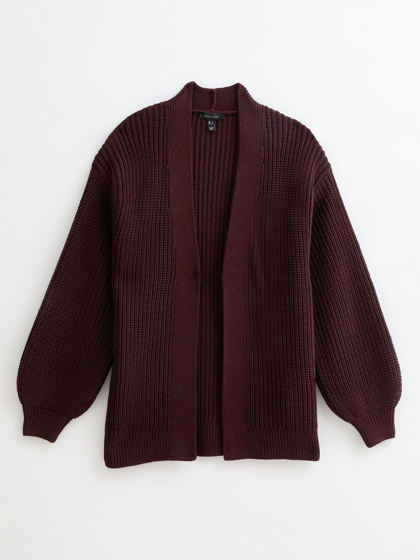 Image 5 of 5 of New Look Burgundy Stitch Knit Balloon Sleeve Cardigan - Red