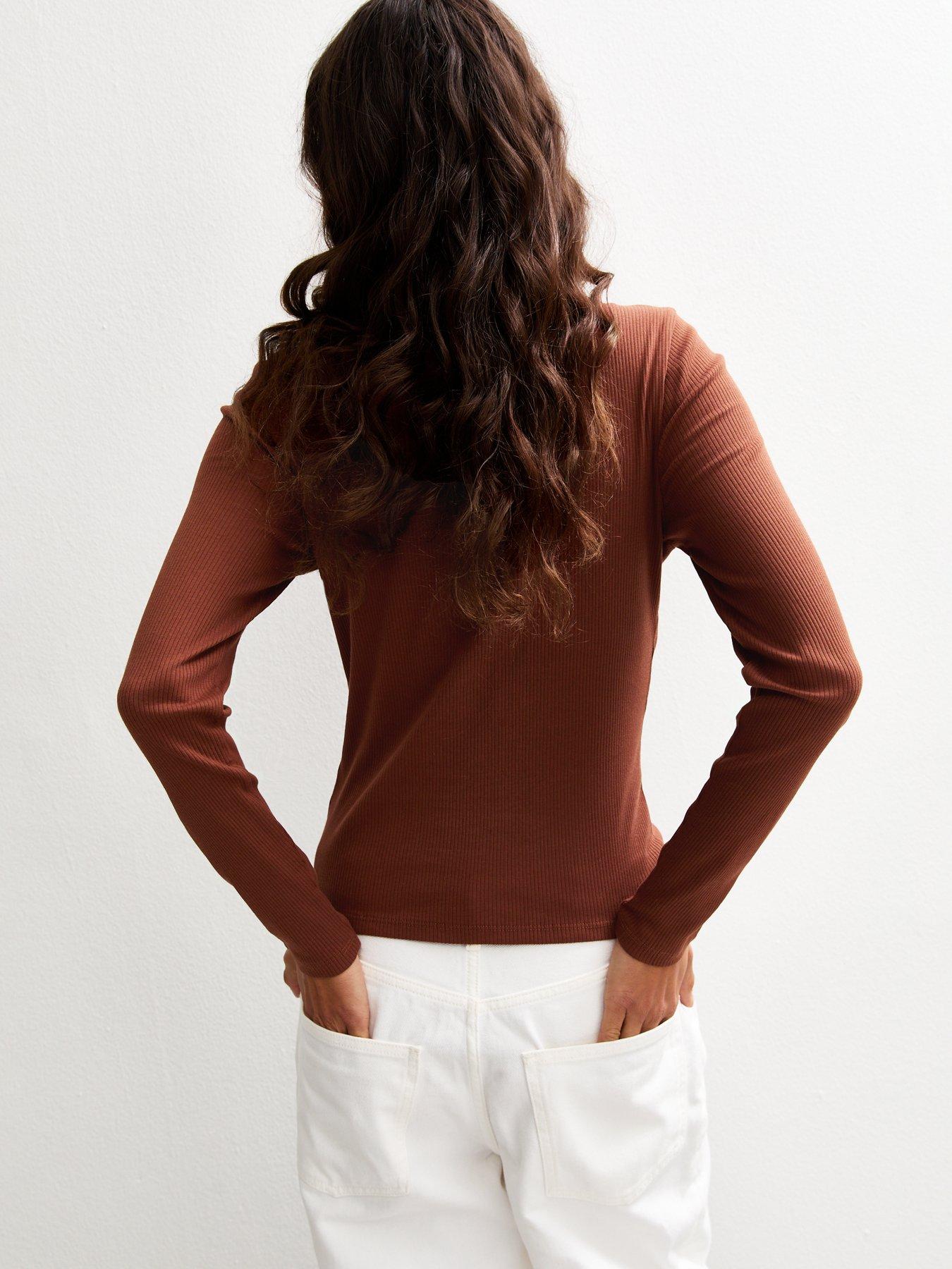 Image 2 of 4 of New Look Scoop Neck Long Sleeve Ribbed Top - Orange