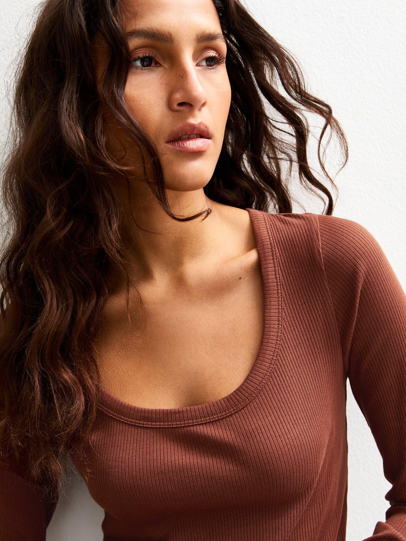 Image 4 of 4 of New Look Scoop Neck Long Sleeve Ribbed Top - Orange