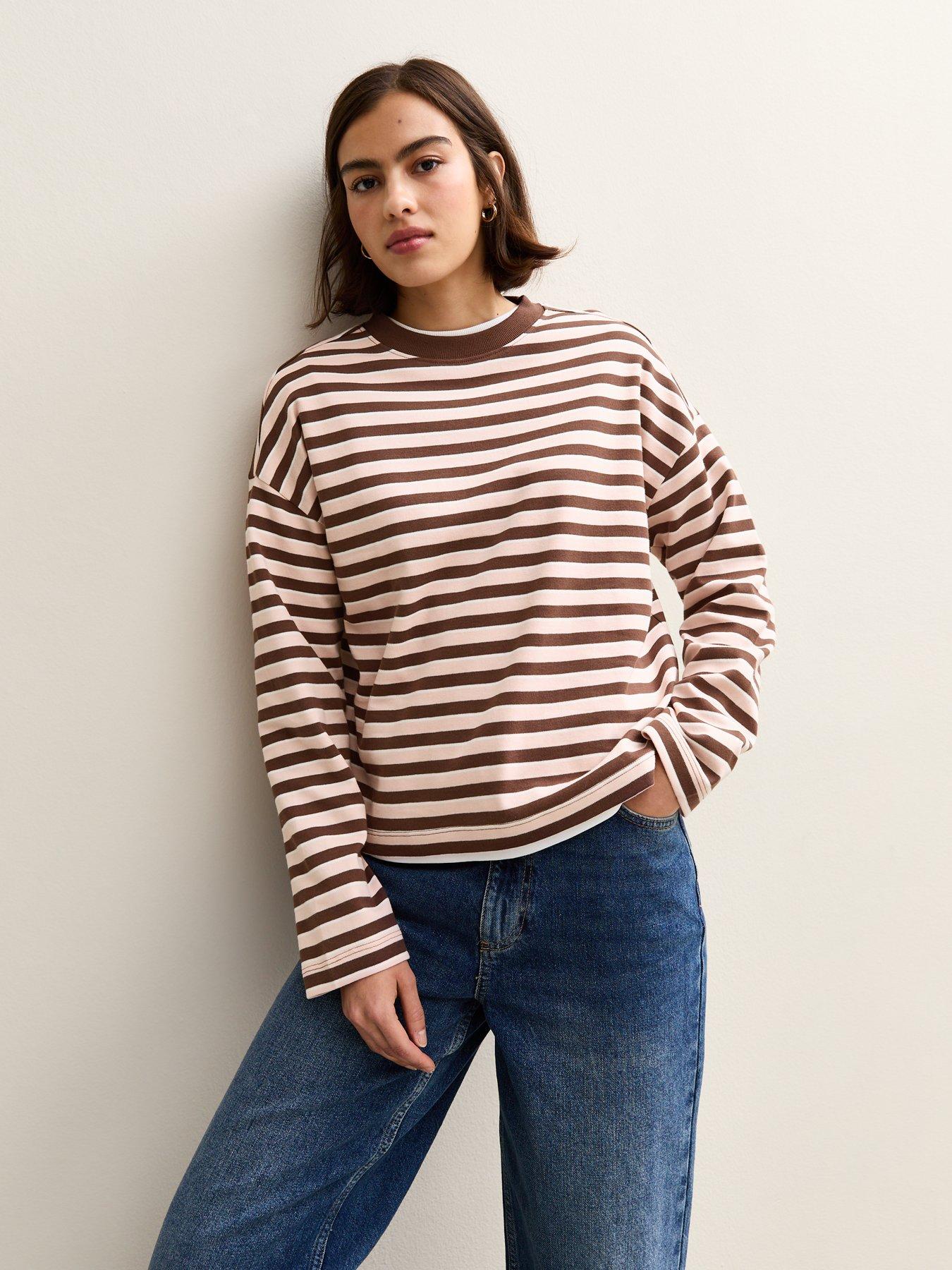Image 1 of 5 of New Look Striped Premium Heavyweight Cotton Long Sleeves Top - Pink