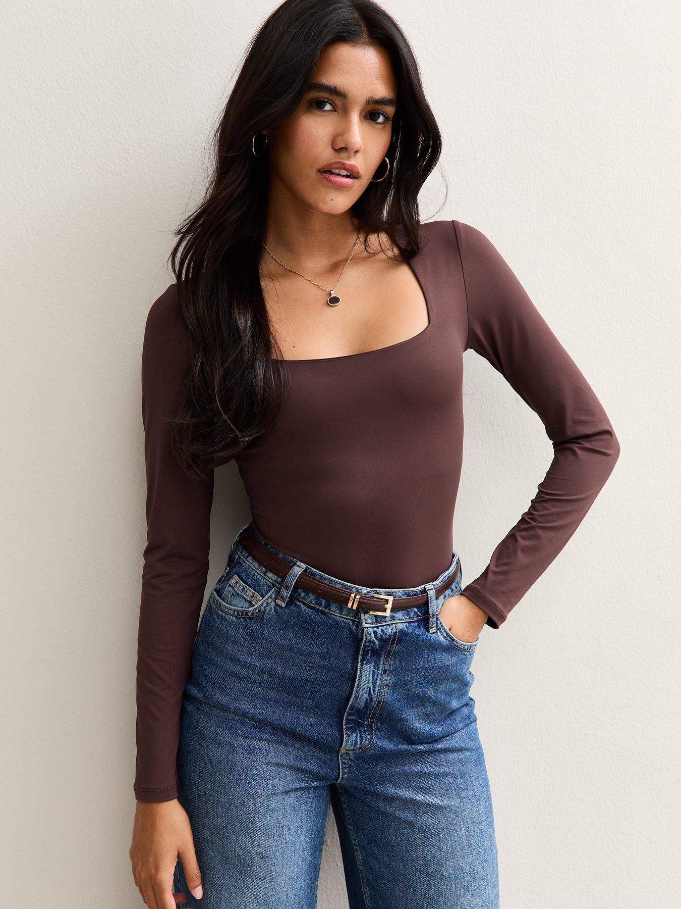 New Look Slinky Square Neck Long Sleeve Bodysuit - Brown