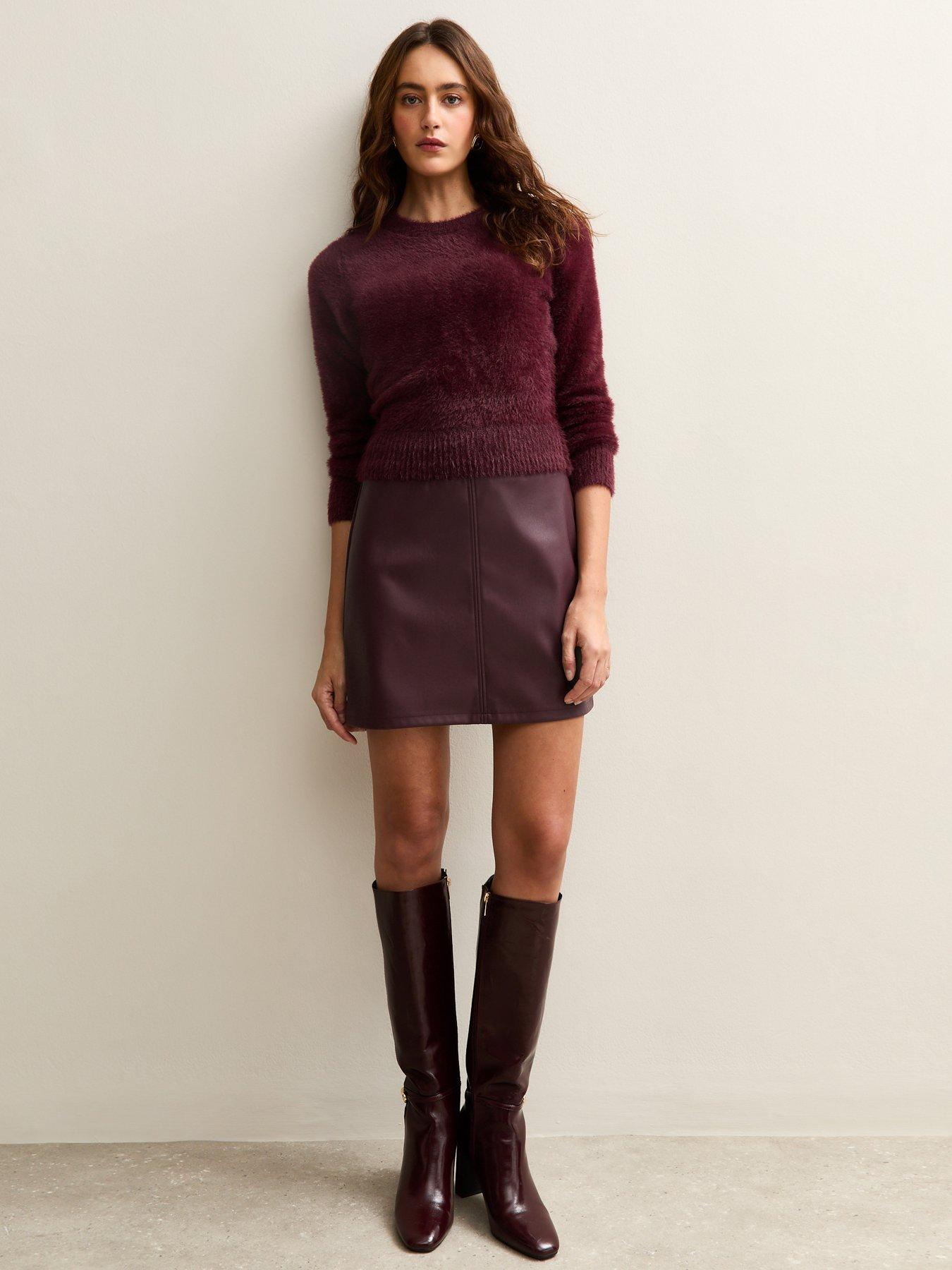 Image 1 of 6 of New Look Burgundy Faux Leather A-line Mini Skirt