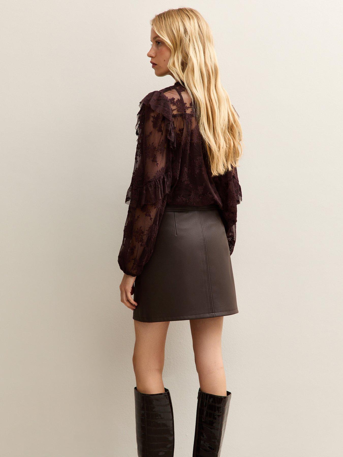 Image 2 of 6 of New Look Dark Brown Faux Leather A-line Mini Skirt