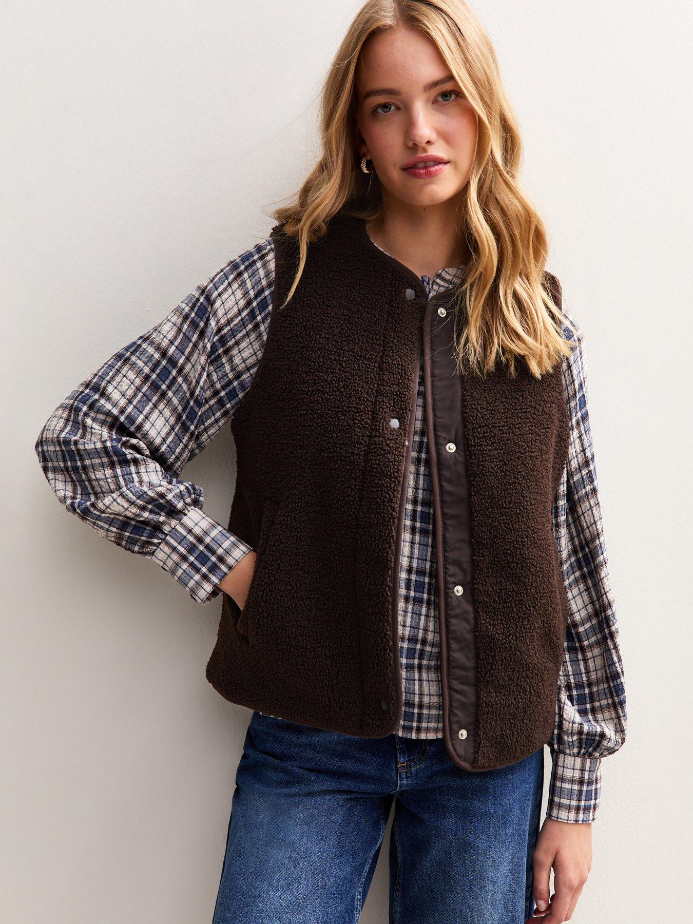  image of new-look-dark-brown-borg-collarless-gilet