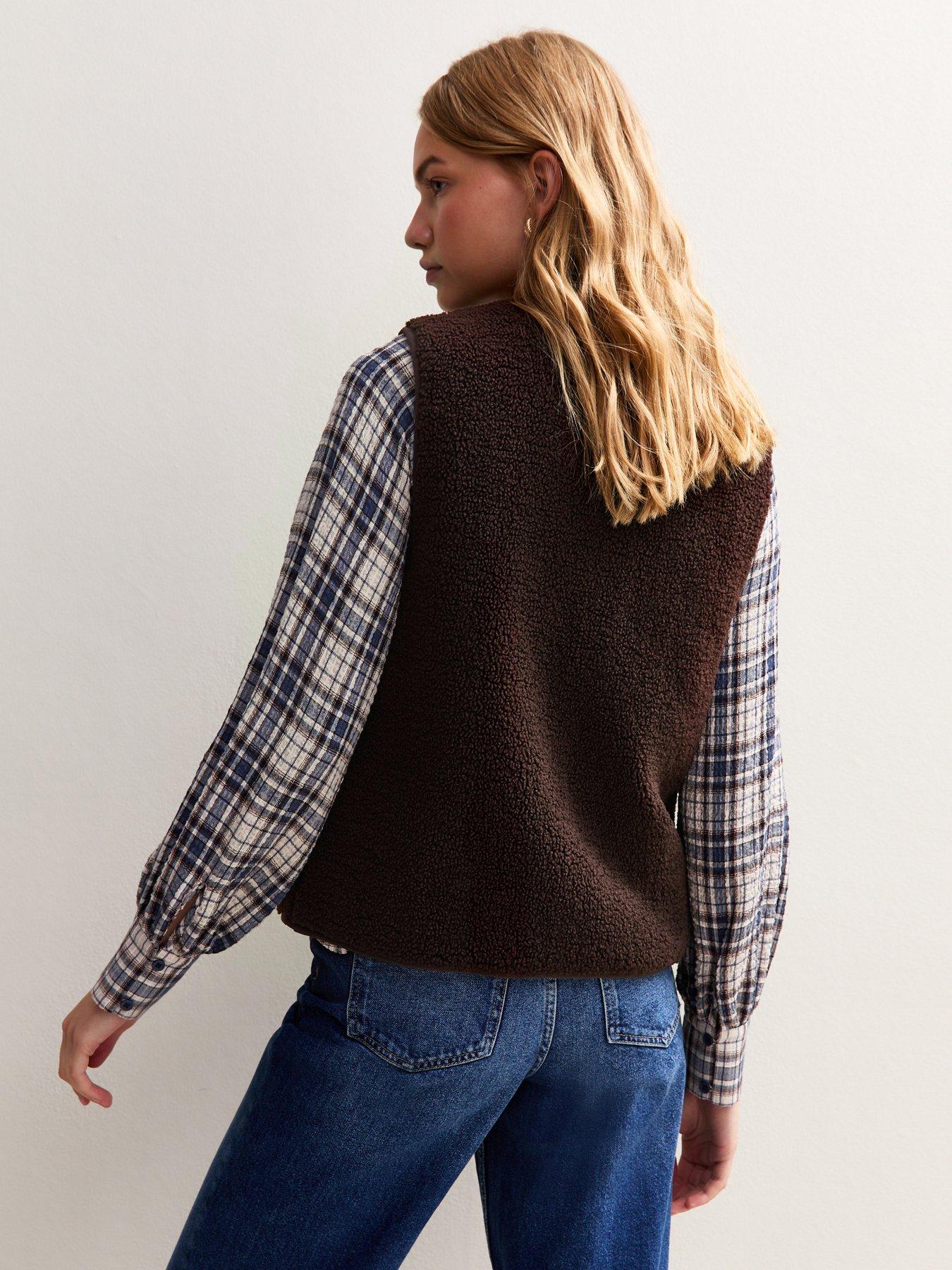  image of new-look-dark-brown-borg-collarless-gilet