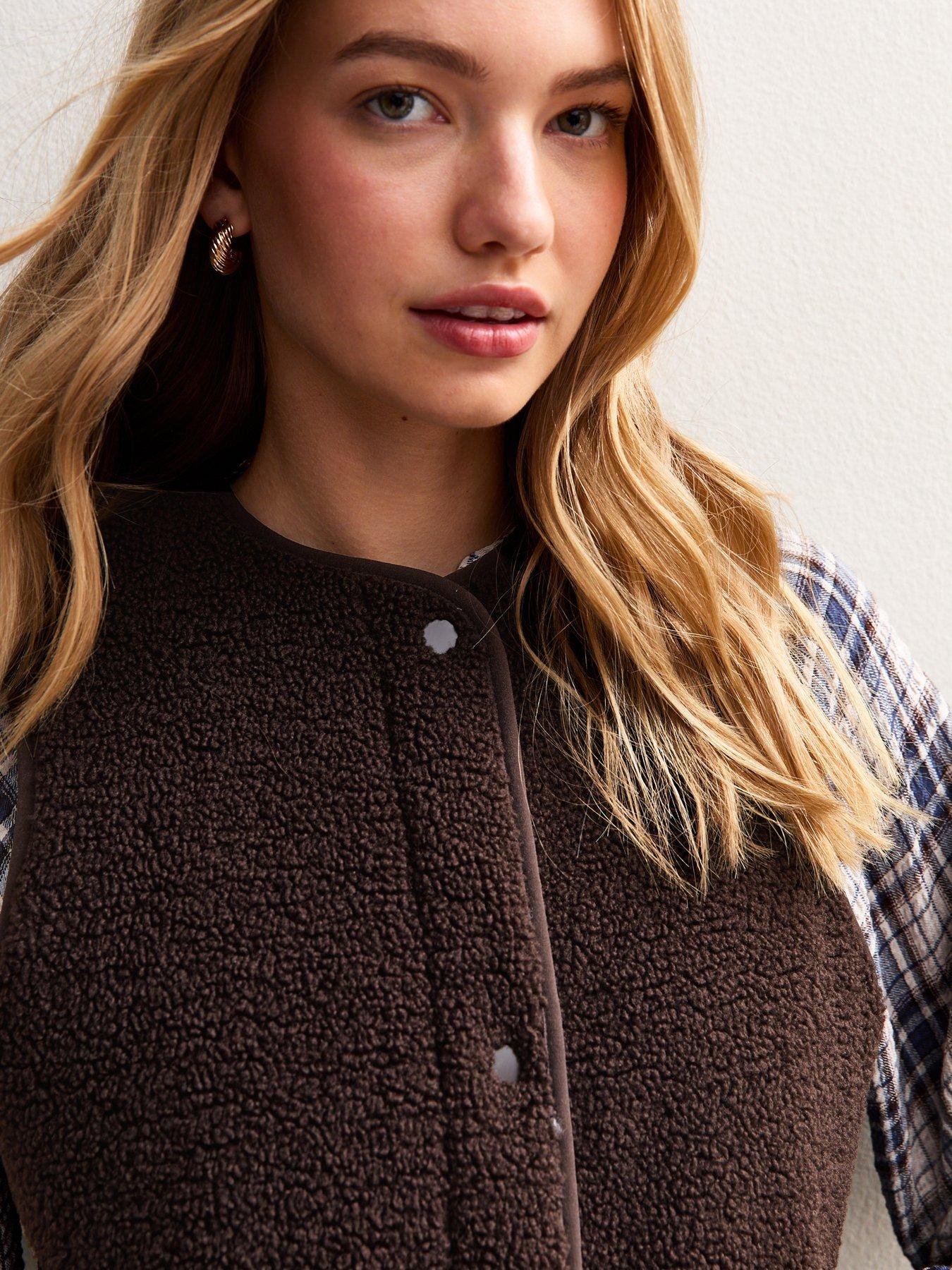  image of new-look-dark-brown-borg-collarless-gilet